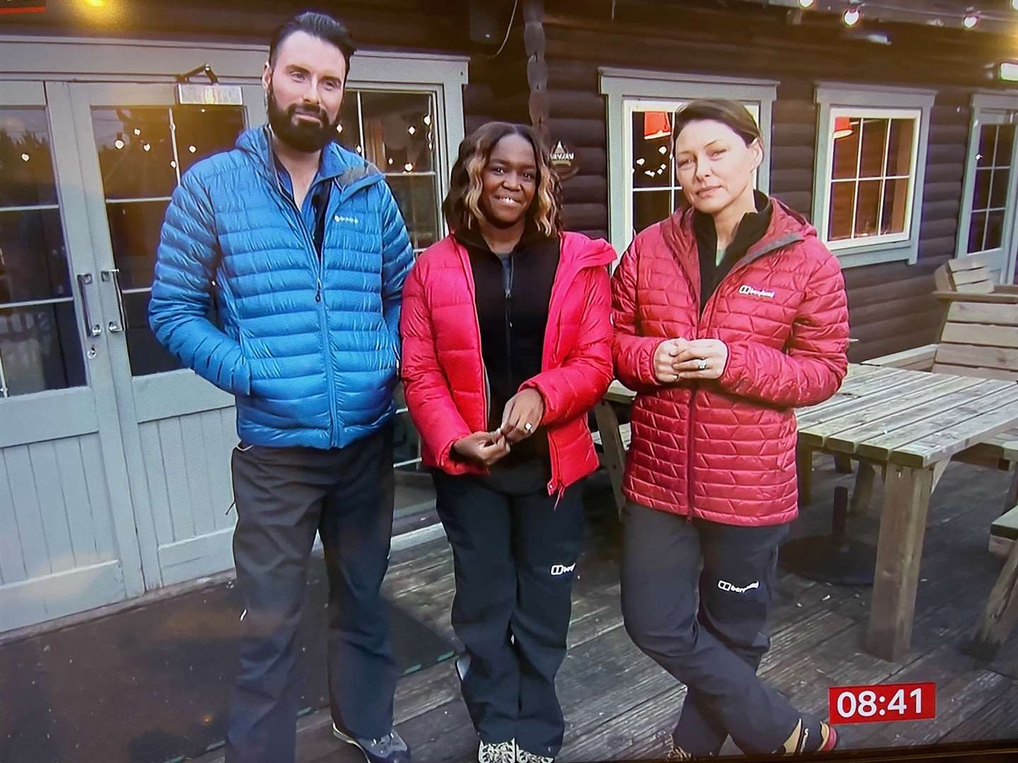 Celebrities Rylan, Oti Mabuse and Emma Willis talking about their winter mountain training at The Woodshed on BBC Breakfast.