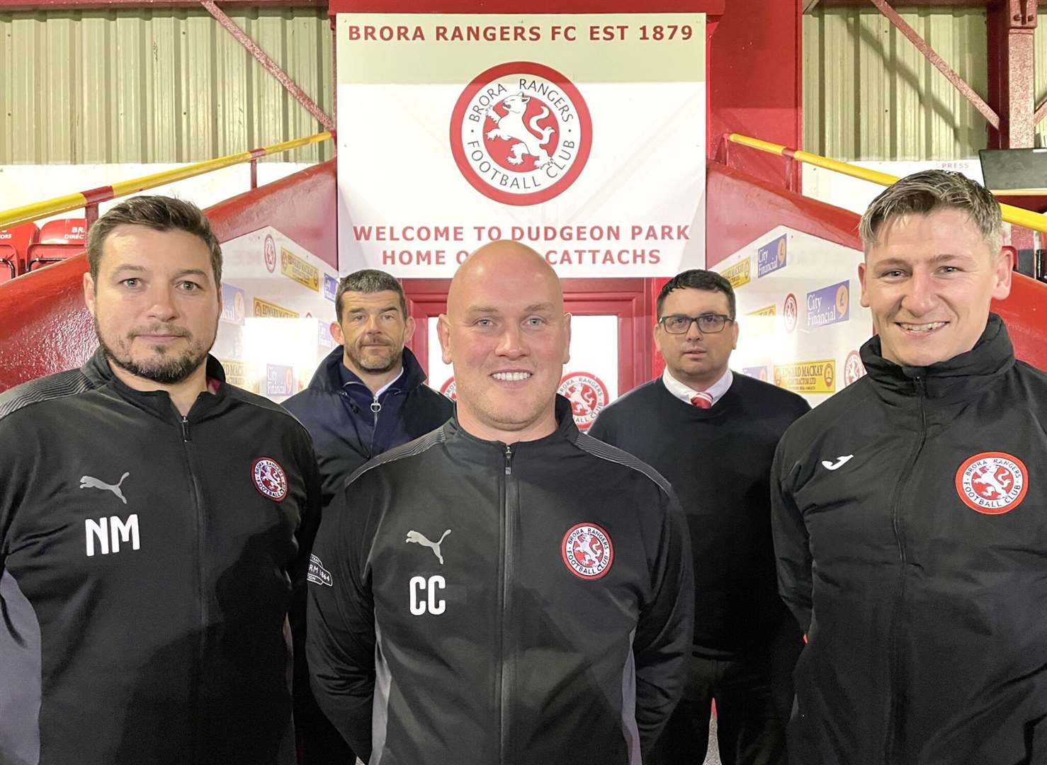 Craig Campbell (centre) was confirmed as new manager, pictured here with coaches Neil Macdoanld (left) and Josh Meekings, with chairman Scott Mackay and vice-chairman Ally Mackenzie behind.