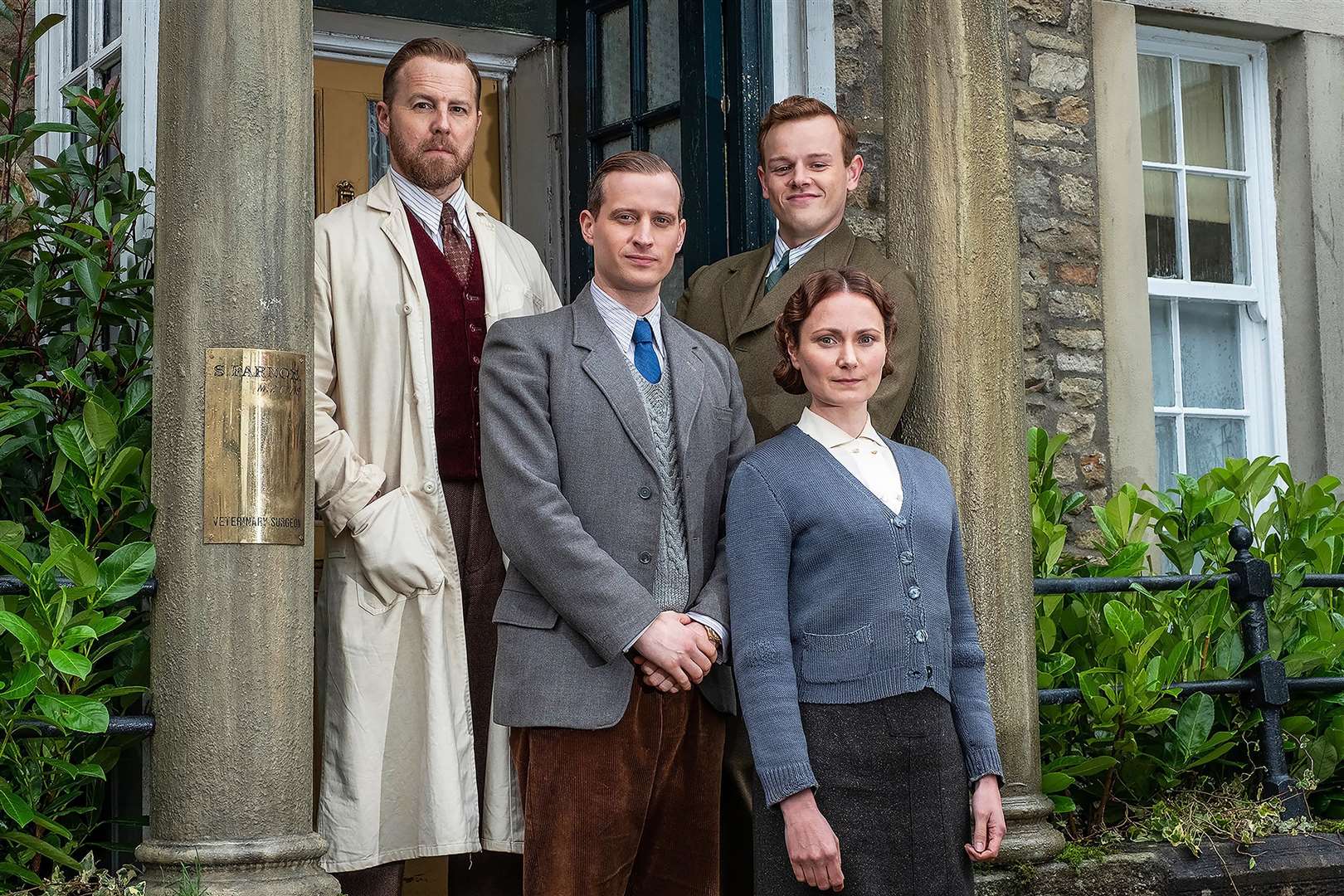 Nicholas Ralph (middle left) with Samuel West (top left) as Siegfried, Callum Woodhouse as Tristan and Anna Madeley as their housekeeper Mrs Hall.