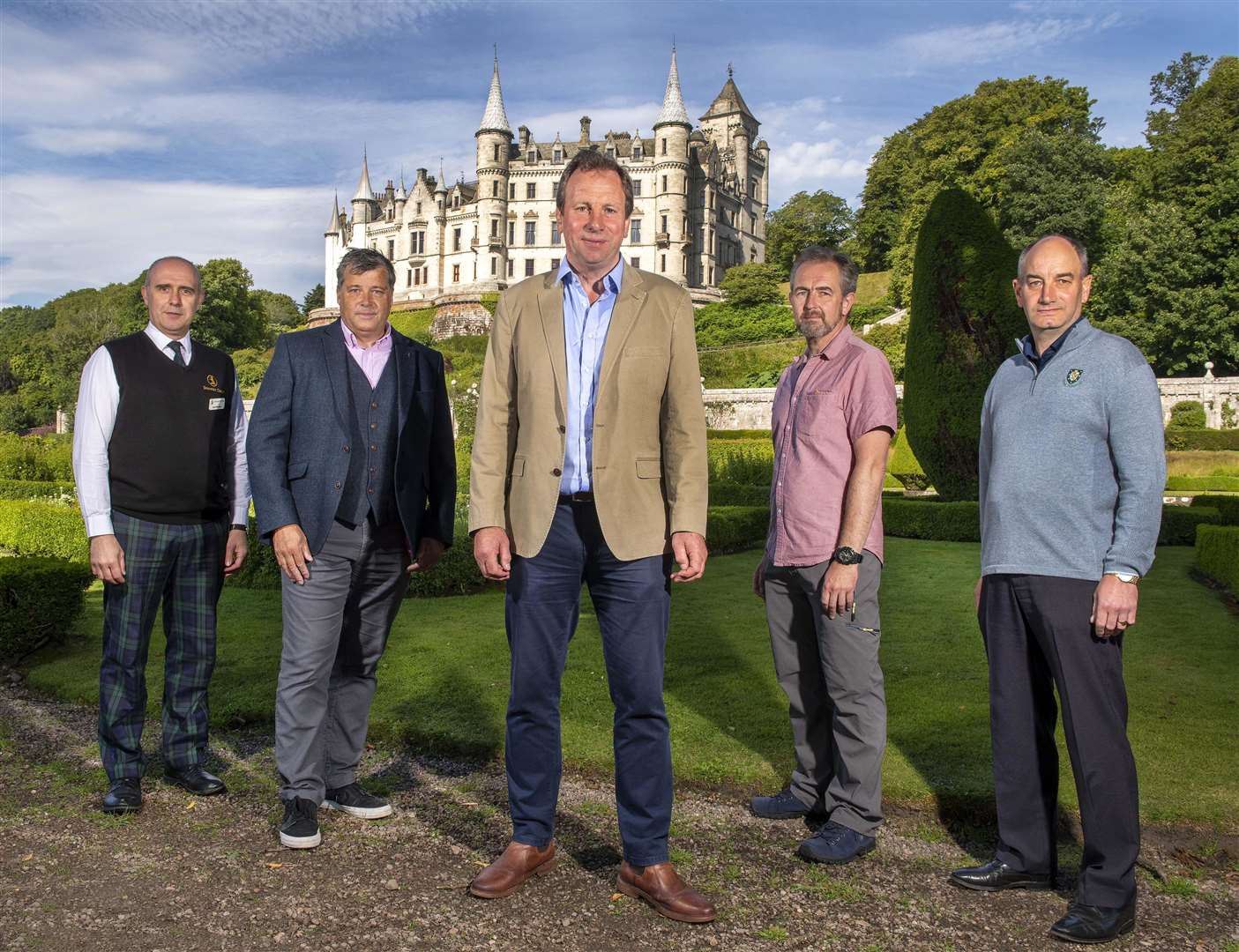 Highland business leaders at Dunrobin Castle calling for a North Highland Growth Fund from Holyrood and Westminster. From left – Scott Morrison (Dunrobin Castle); John Murray (Highland Food & Drink Club); David Whiteford (chairman of North Highland Initiative); Ian Sutherland (Go Golspie!) and Neil Hampton (Royal Dornoch Golf Club).