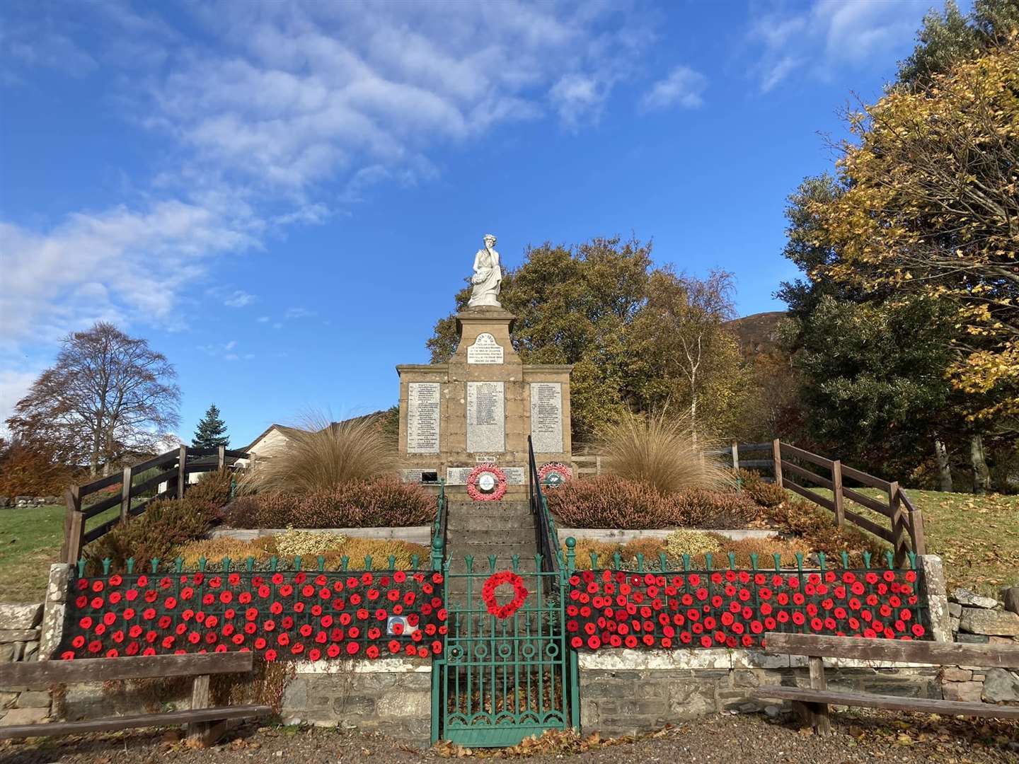 The knitted poppy tribute at the Ullapool WWII Memorial. Picture: Helen MacNicol.