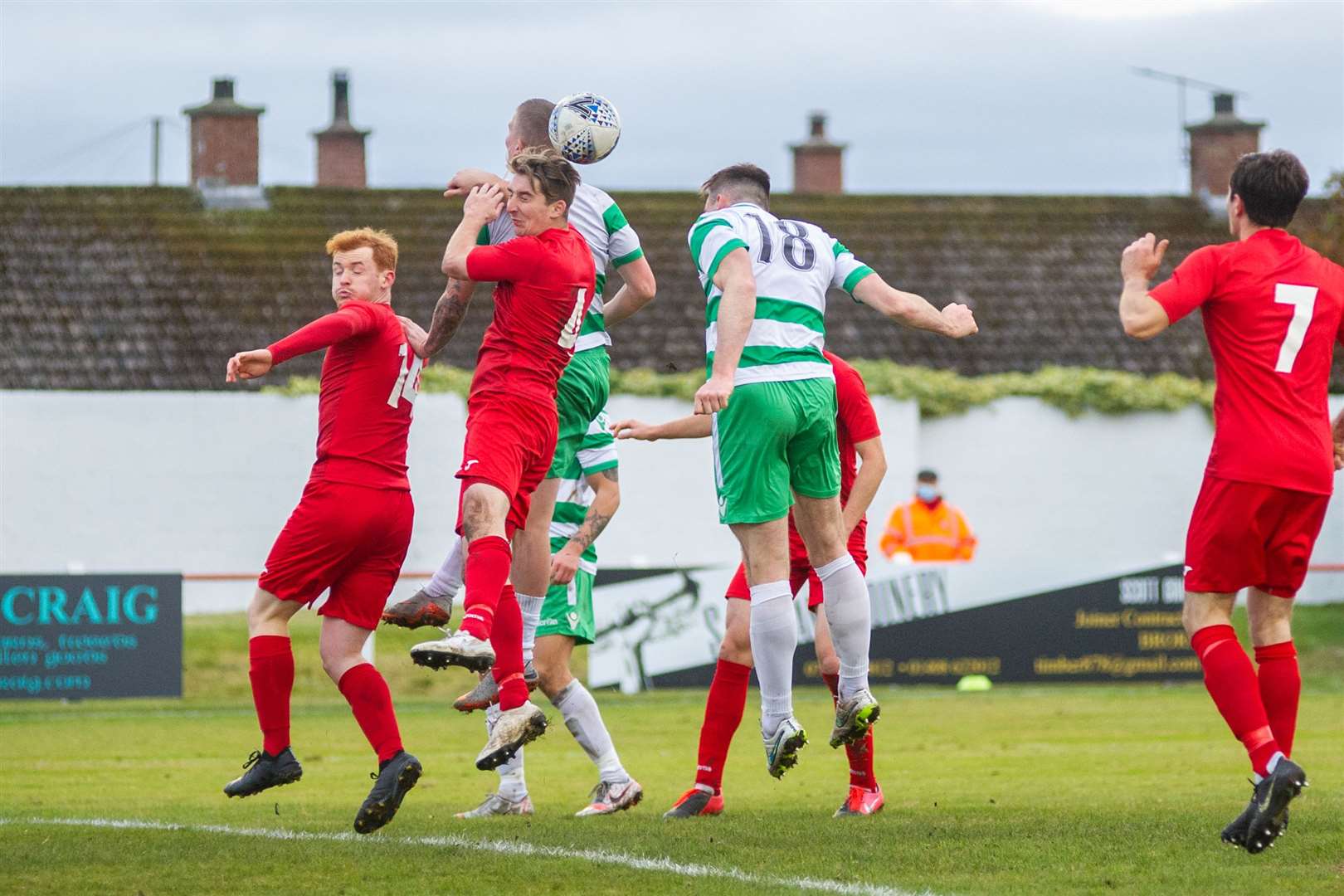 Buckie Thistle's Jack Murray fires his downwards header into the back of the net to make it 2-1 to the Jags. ..Brora Rangers FC (2) vs Buckie Thistle FC (2) - Buckie win 4-3 on penalties - Highland League Cup Semi Final - Dudgeon Park, Brora 18/10/2020...Picture: Daniel Forsyth..
