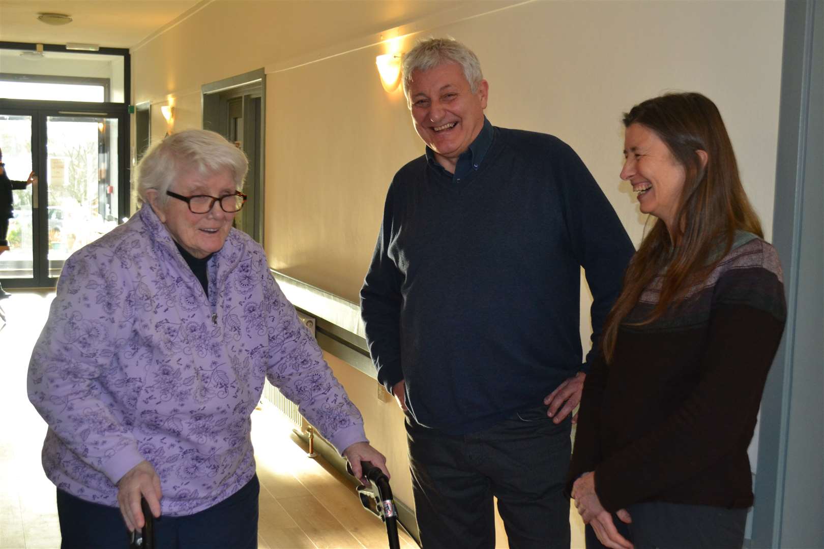 MSP John Finnie and Ariane Burgess stopped to talk to Mary Morrison, Lairg, during their tour of the Bradbury Centre.