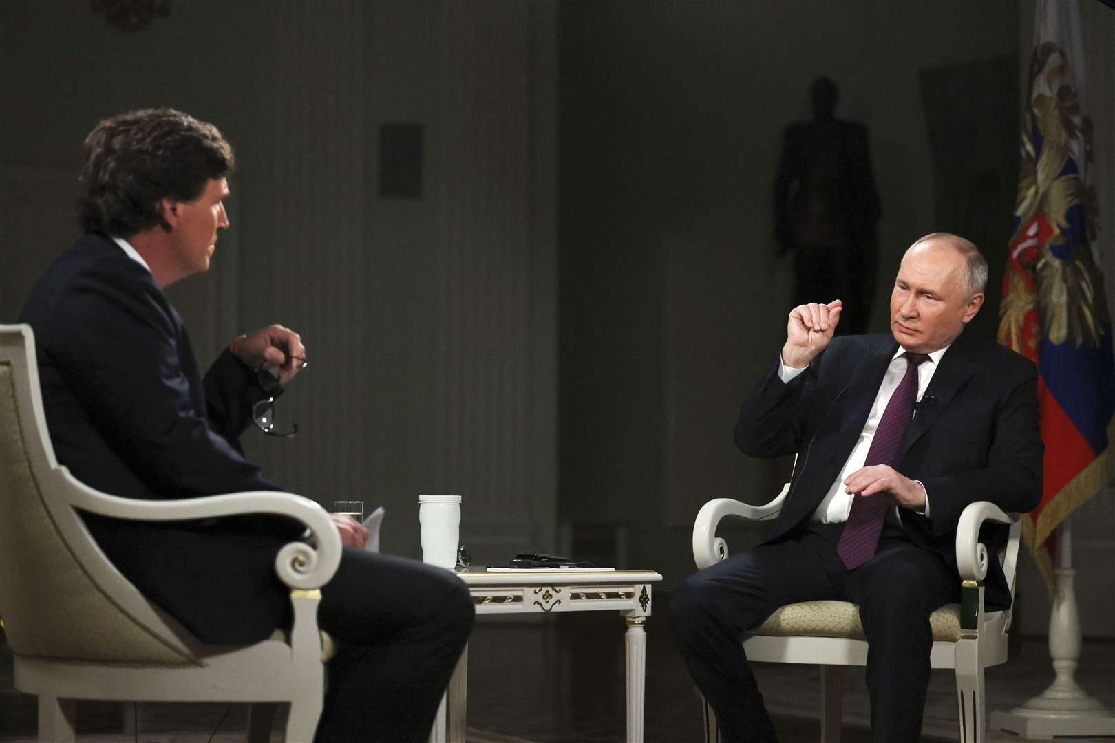 Mr Carlson interviewed the Russian President in Moscow (Sputnik, Kremlin, pool via AP)