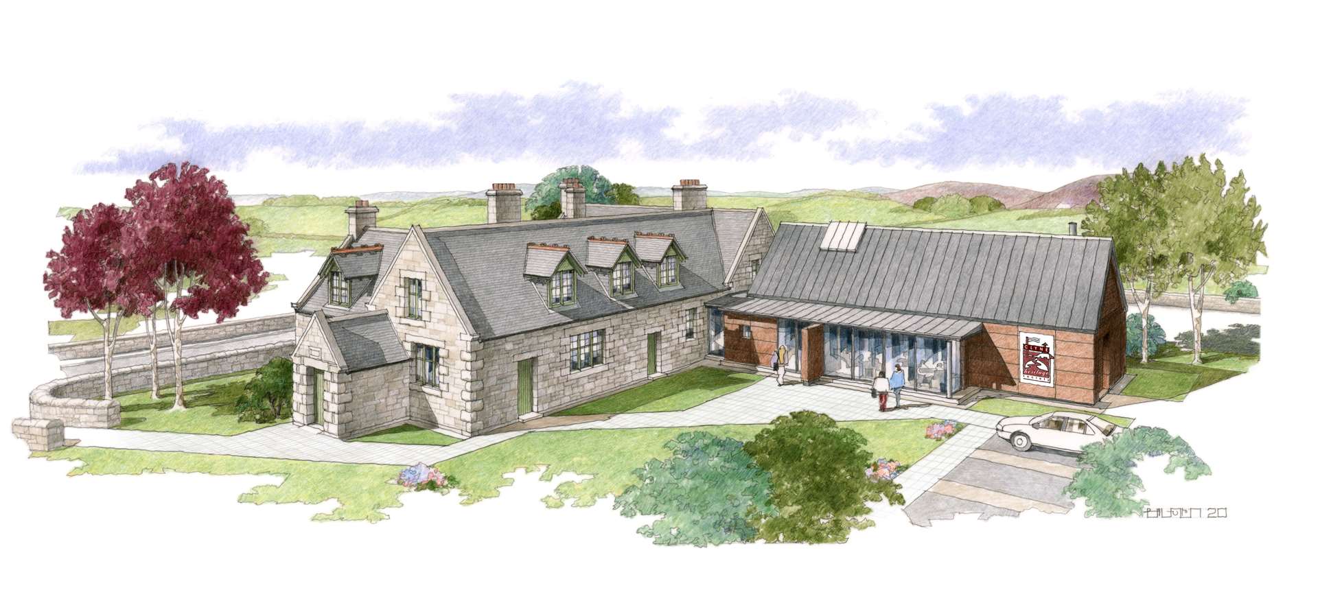 An artist's drawing for the Old Clyne School development shows a large extension to house a small café and shop.