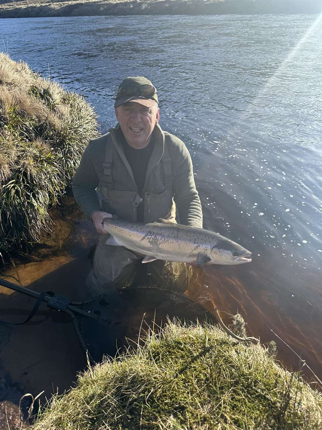 Mr Sutherland hooked a 12lb salmon today from the Salscraggie Boils pool using a 1” Willie Gunn fly given to him by his brother Ronald Sutherland.