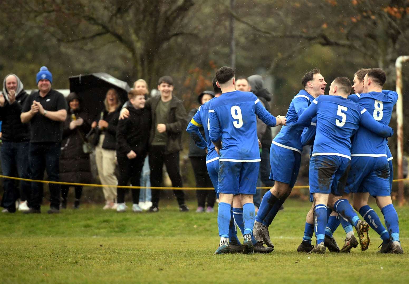Golspie Sutherland FC celebrating after a goal. Picture: James Mackenzie.