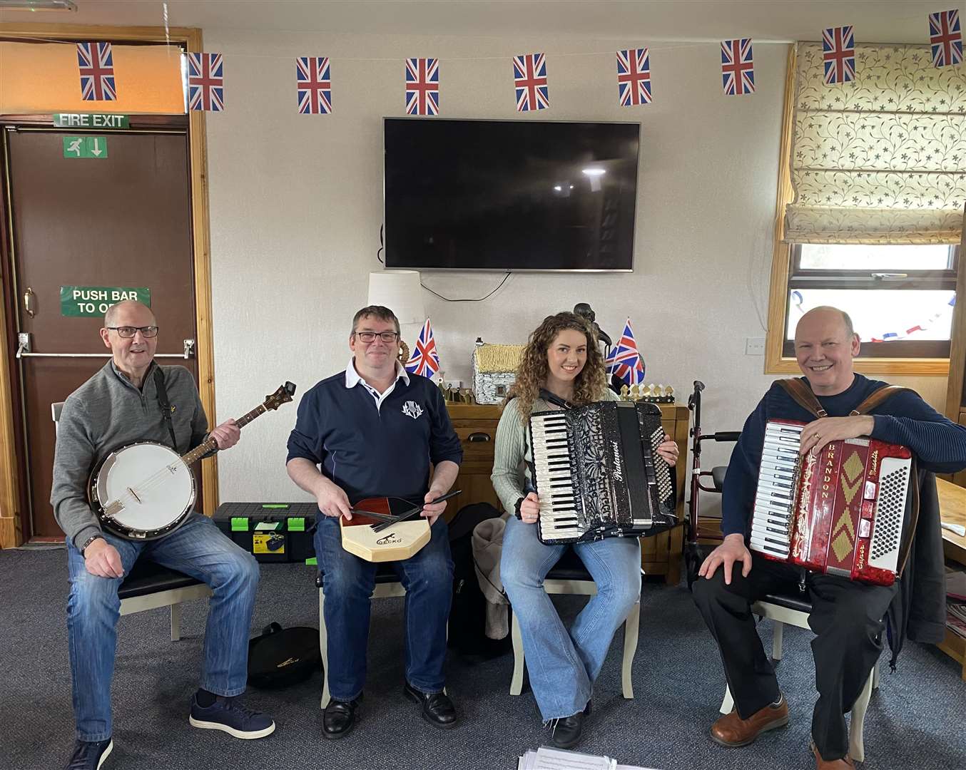 Farquhar MacGregor (left) on banjo and Callum Reid on drums with Joanne Sutherland and Addie Harper on accordions at the Laurandy Centre in Wick.