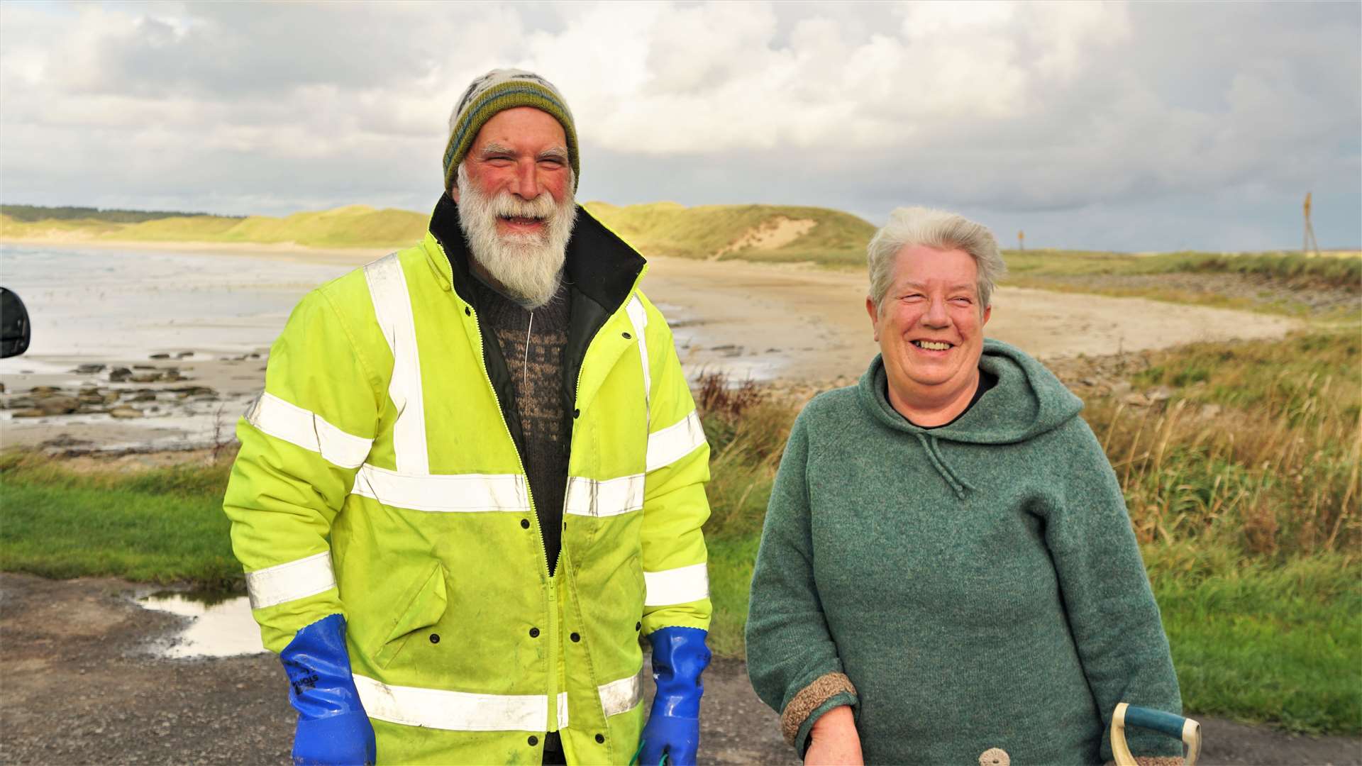 Allan and Dorcas Sinclair at Dunnet beach clearing plastic and other rubbish. Picture: DGS