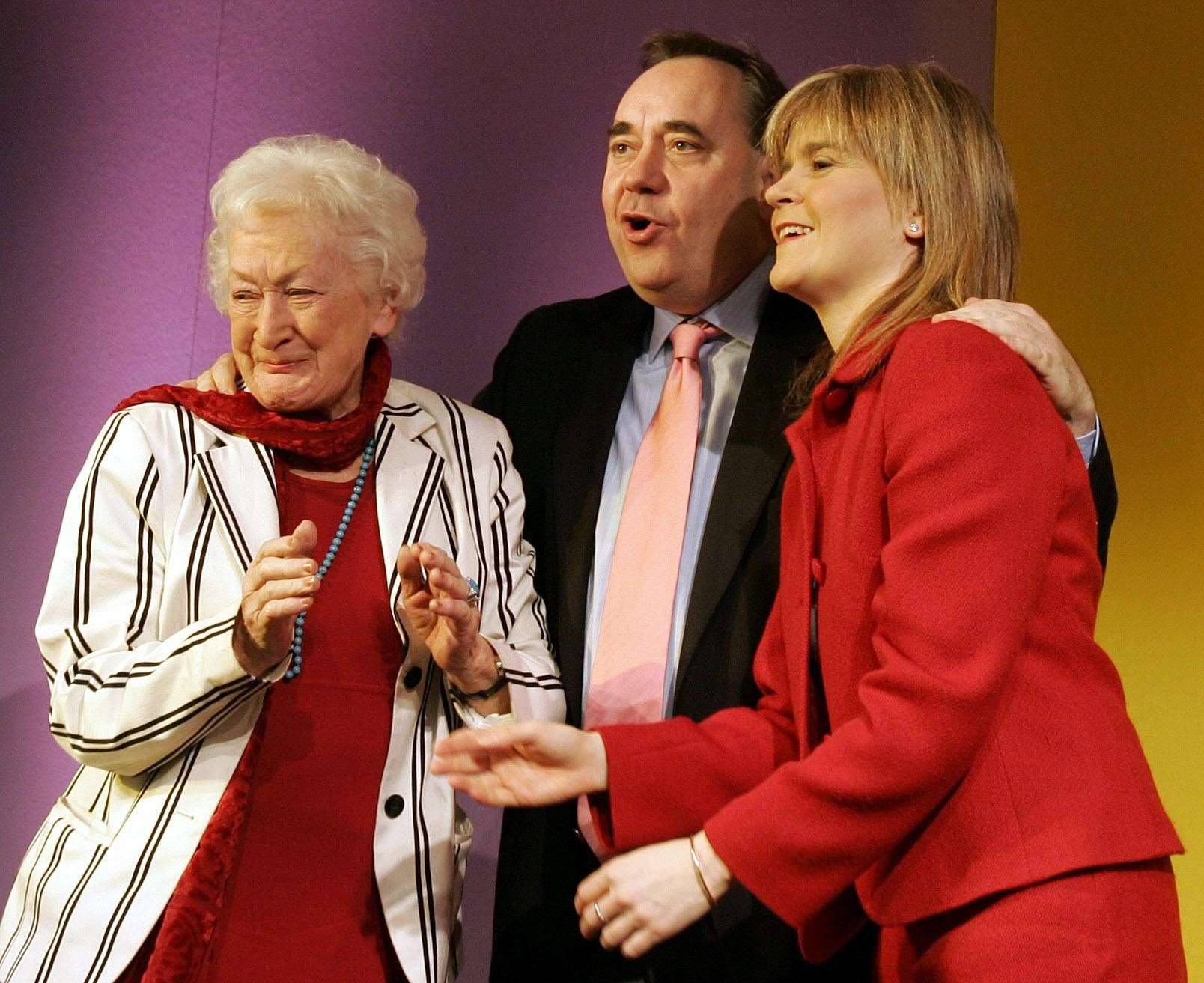 Winnie Ewing with Alex Salmond and Nicola Sturgeon in 2005 (Andrew Milligan/PA)