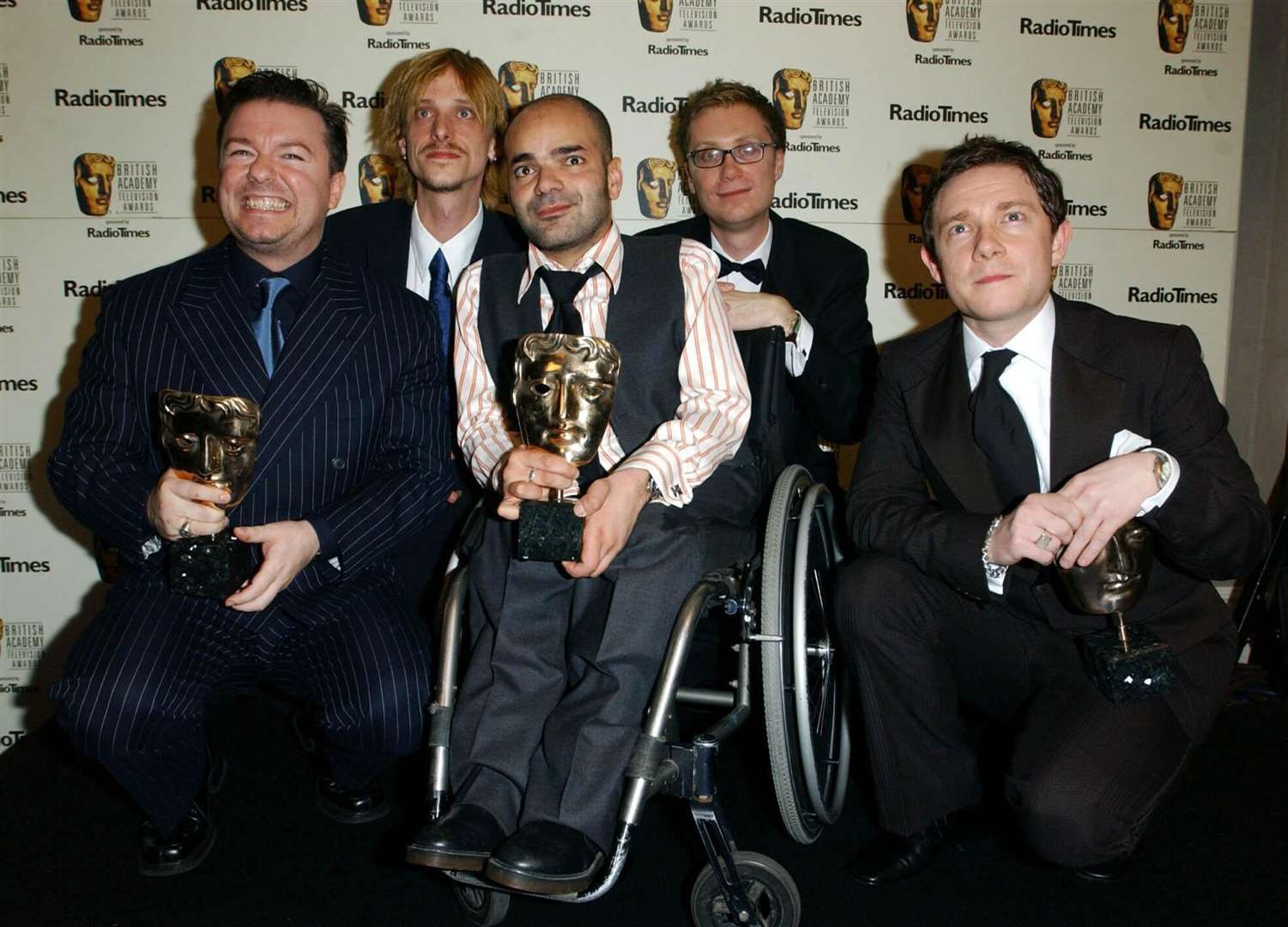 (From left to right) Ricky Gervais, Mackenzie Crook, Ash Atalla, Stephen Merchant and Martin Freeman starred in The Office (Ian West/PA)