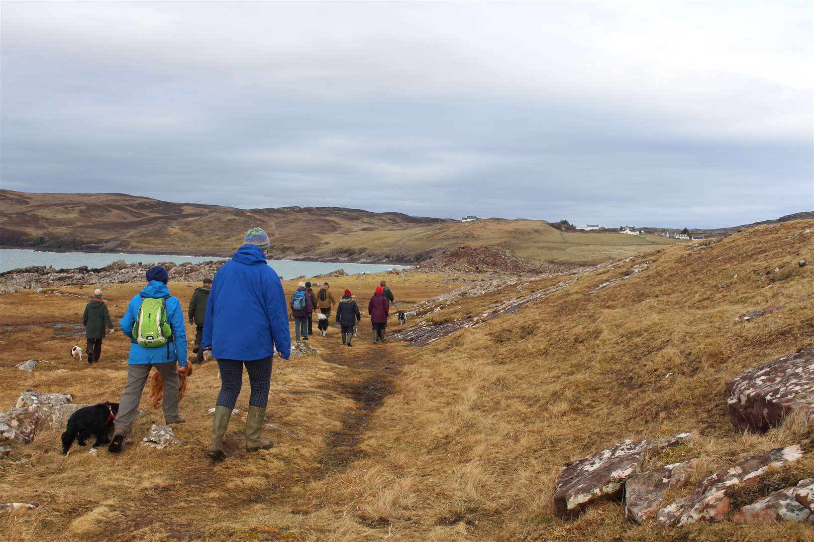 The Historic Assynt group walking towards Clachtoll Broch.