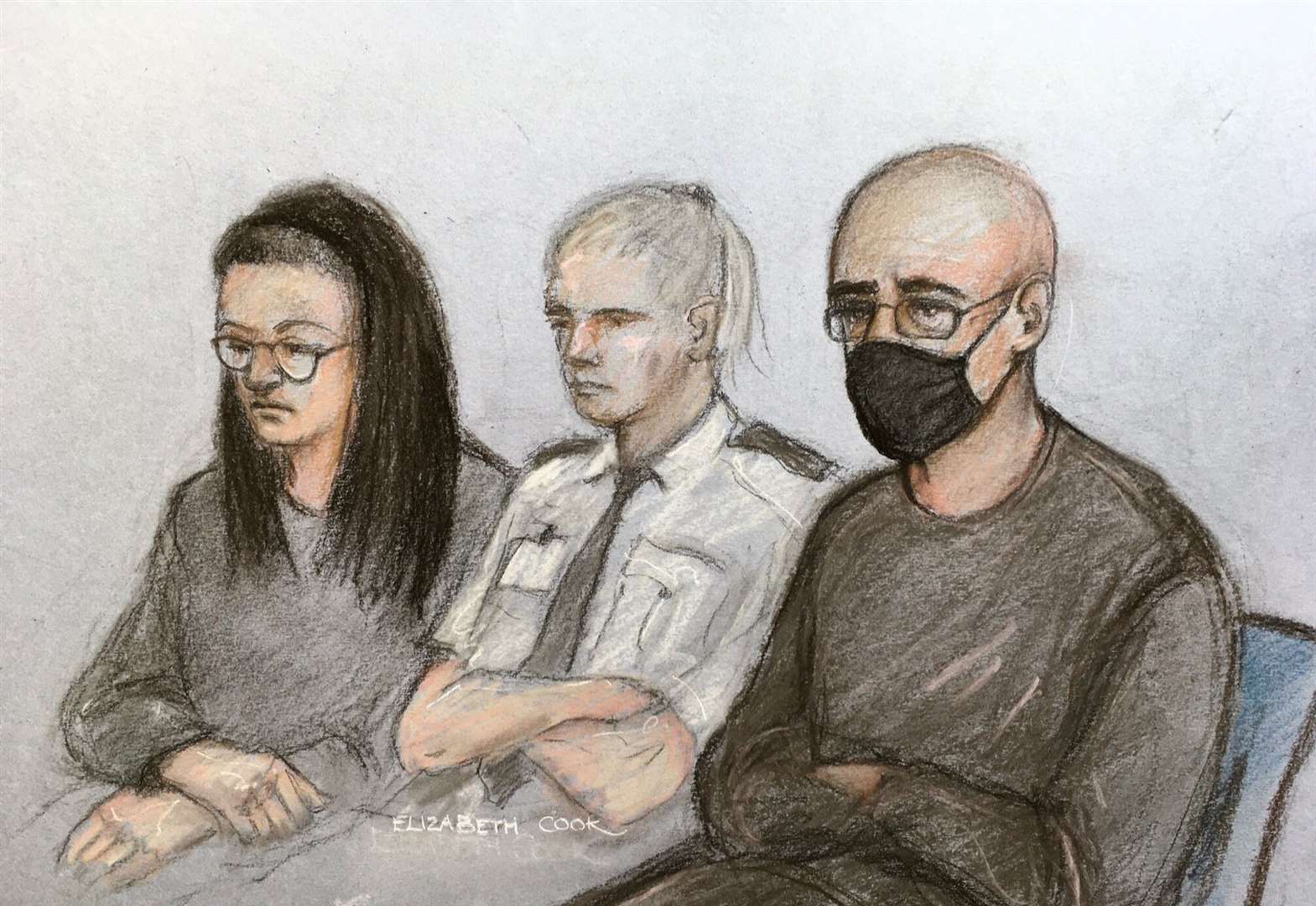 Court artist sketch of Angharad Williamson, and her partner, John Cole, in the dock at Cardiff Crown Court (Elizabeth Cook/PA)