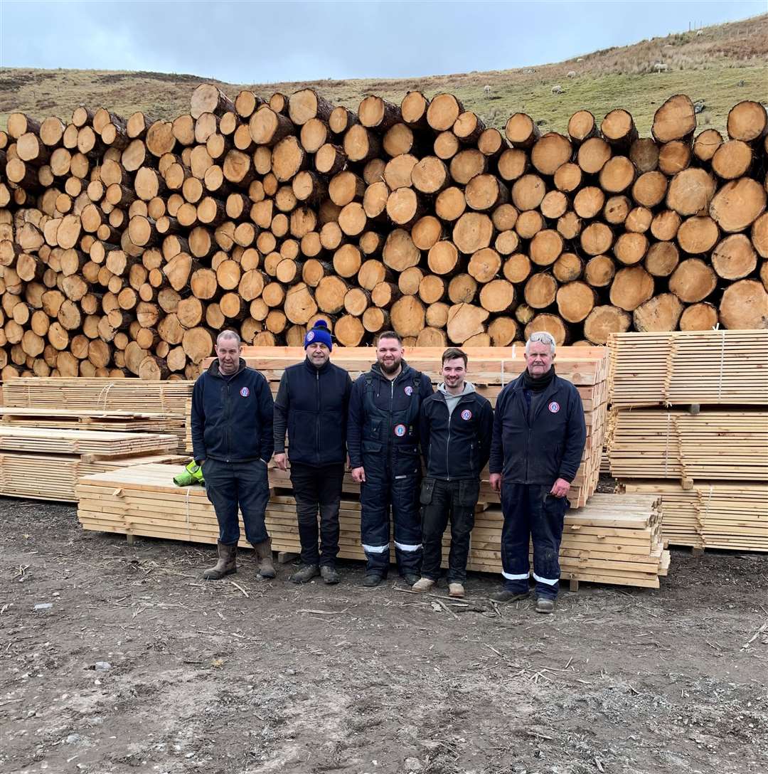 Making a commitment to a more sustainable business modeal are GMG Energy team members (left to right) wood processing operator David Greaves, managing director Malcolm Morrison, sawmill manager Aaron Smith, wood processing operator Liam Forbes, and site manager Malcolm Nicolson.