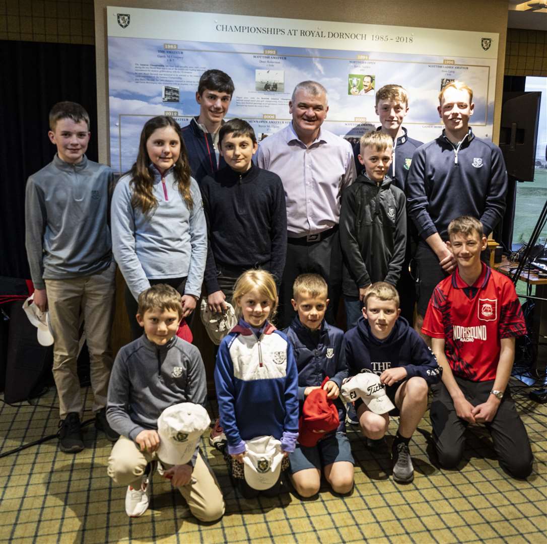 Paul Lawrie pictured with new Royal Dornoch teaching pro Alistair McNaughton and members of the club’s thriving junior section. Picture: Matthew Harris/Golf Picture Agency