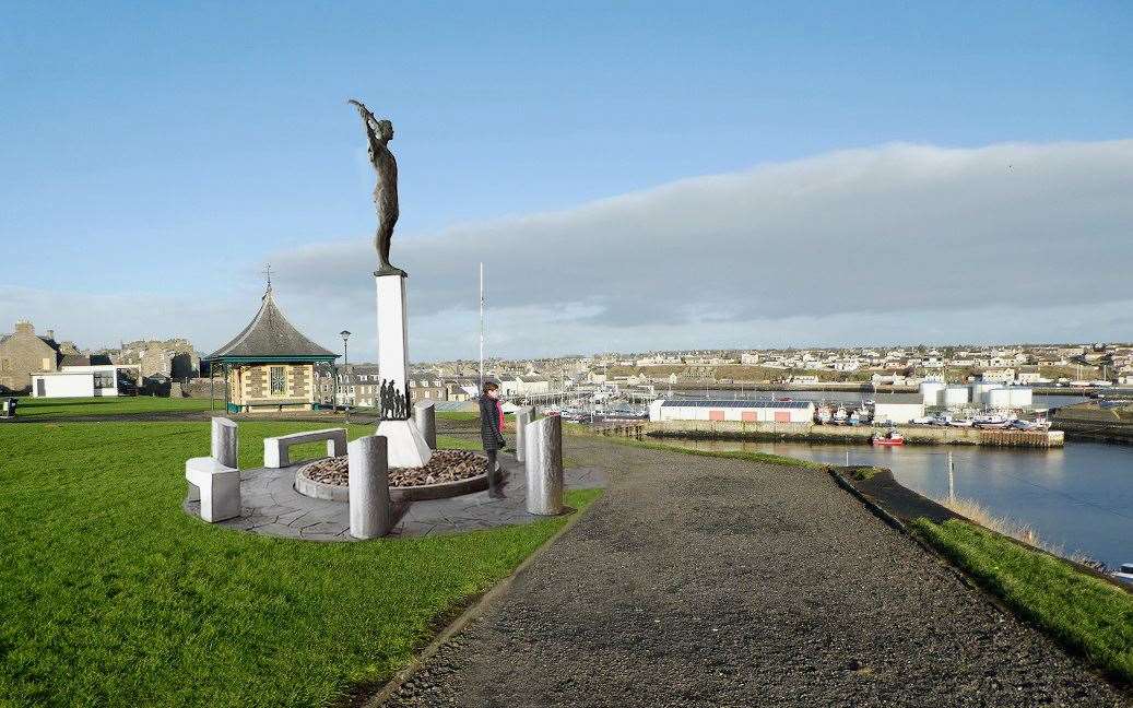 A photomontage showing how Alan Beattie Herriot's memorial to seafarers will look when it is unveiled at the Braehead in Wick next month.