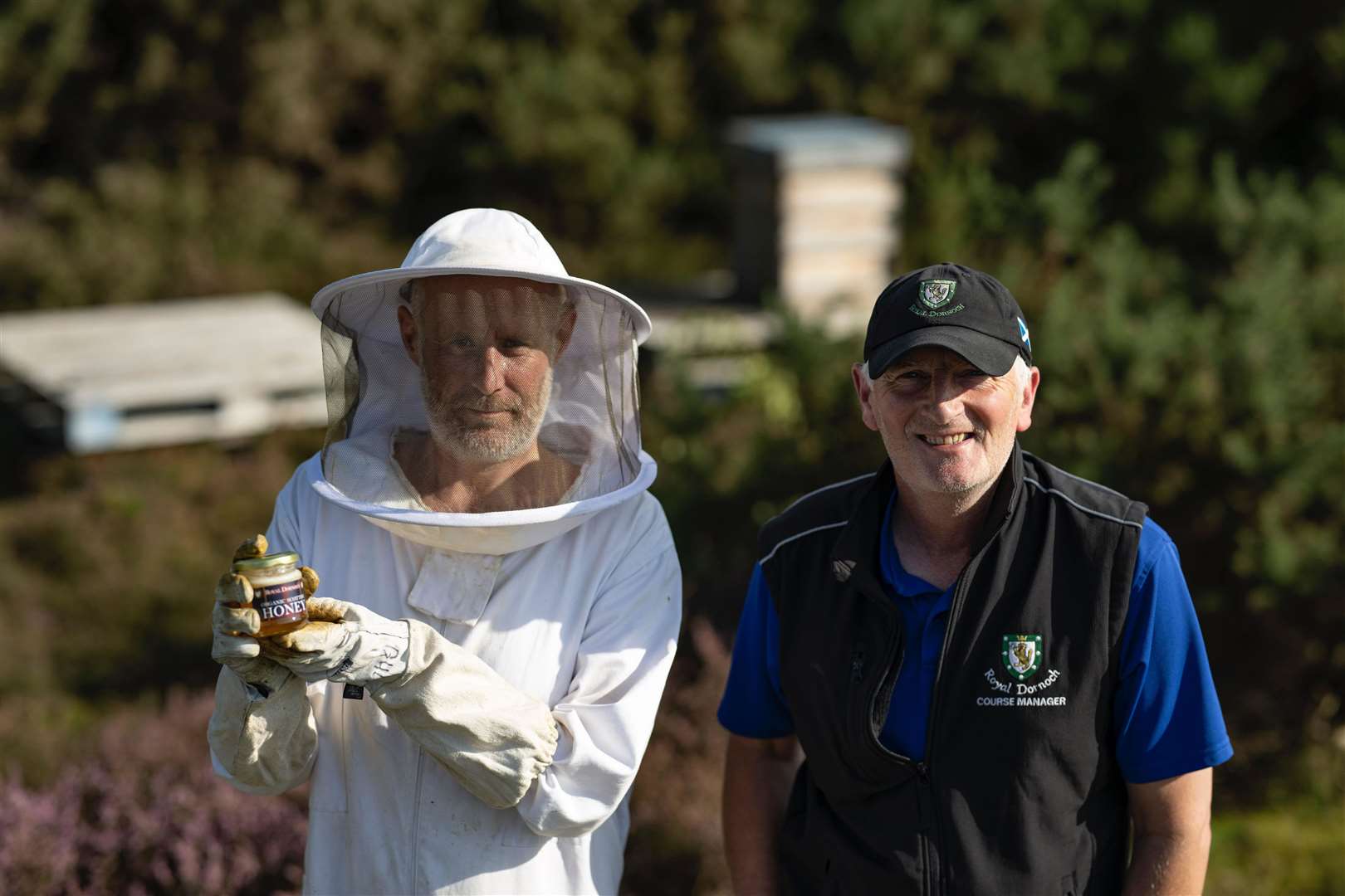 Stuart Gillies and course manager Eoin Riddell pictured near the Royal Dornoch hives. Picture: Matthew Harris
