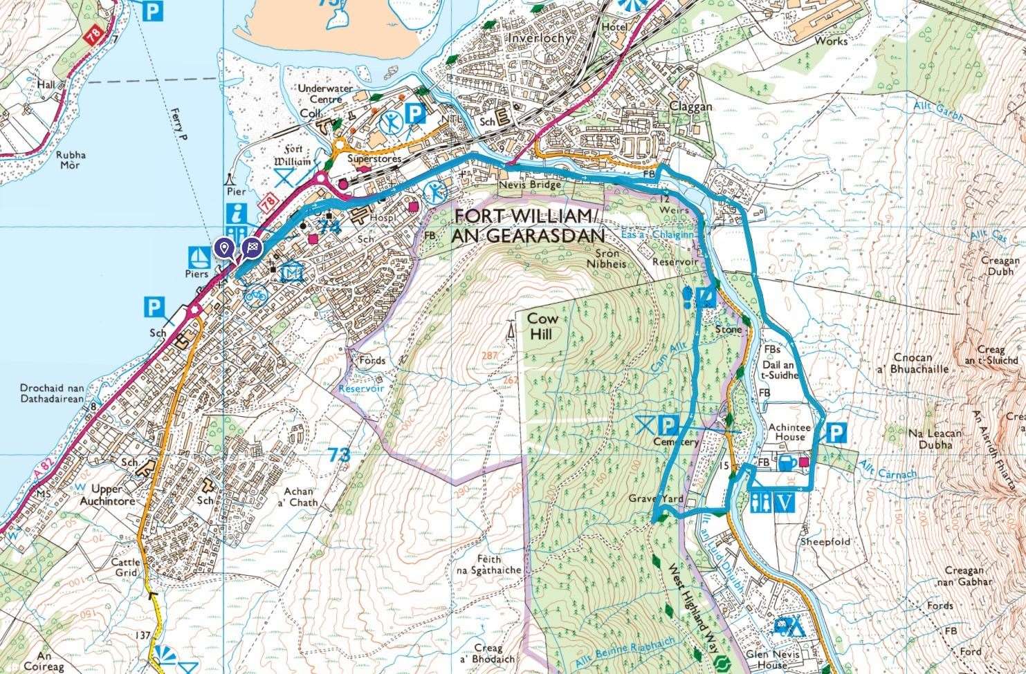 Map Fort William running route. ©Crown copyright 2023 Ordnance Survey. Media 025/23.