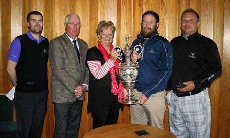 County Cup presentation – Brora Lady Captain Anne Clarke hands over the County Cup to winner Chris Mailley (Dornoch) and to his left is the runner-up, James MacBeath (Brora). On the left is handicap winner Robert MacDonald (Brora) and Brora vice-captain B