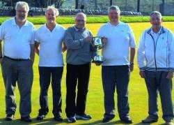 From left: Runners up Marshall Bowman, Stan Fraser (Lybster BC), Lybster President Gordon Campbell presenting the trophy to winners George Mowat and Robin Colvin (Golspie BC).