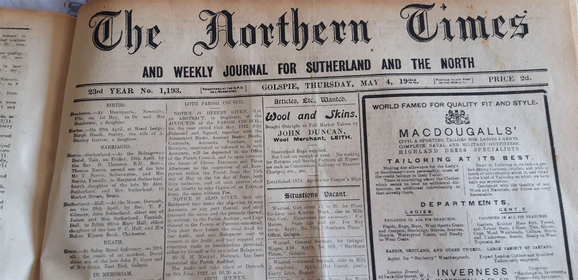 The newspaper of May 4, 1922.