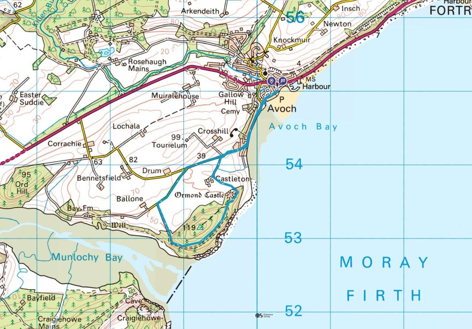Avoch to Ormond Hill route. ©Crown copyright 2023 Ordnance Survey. Media 025/23.