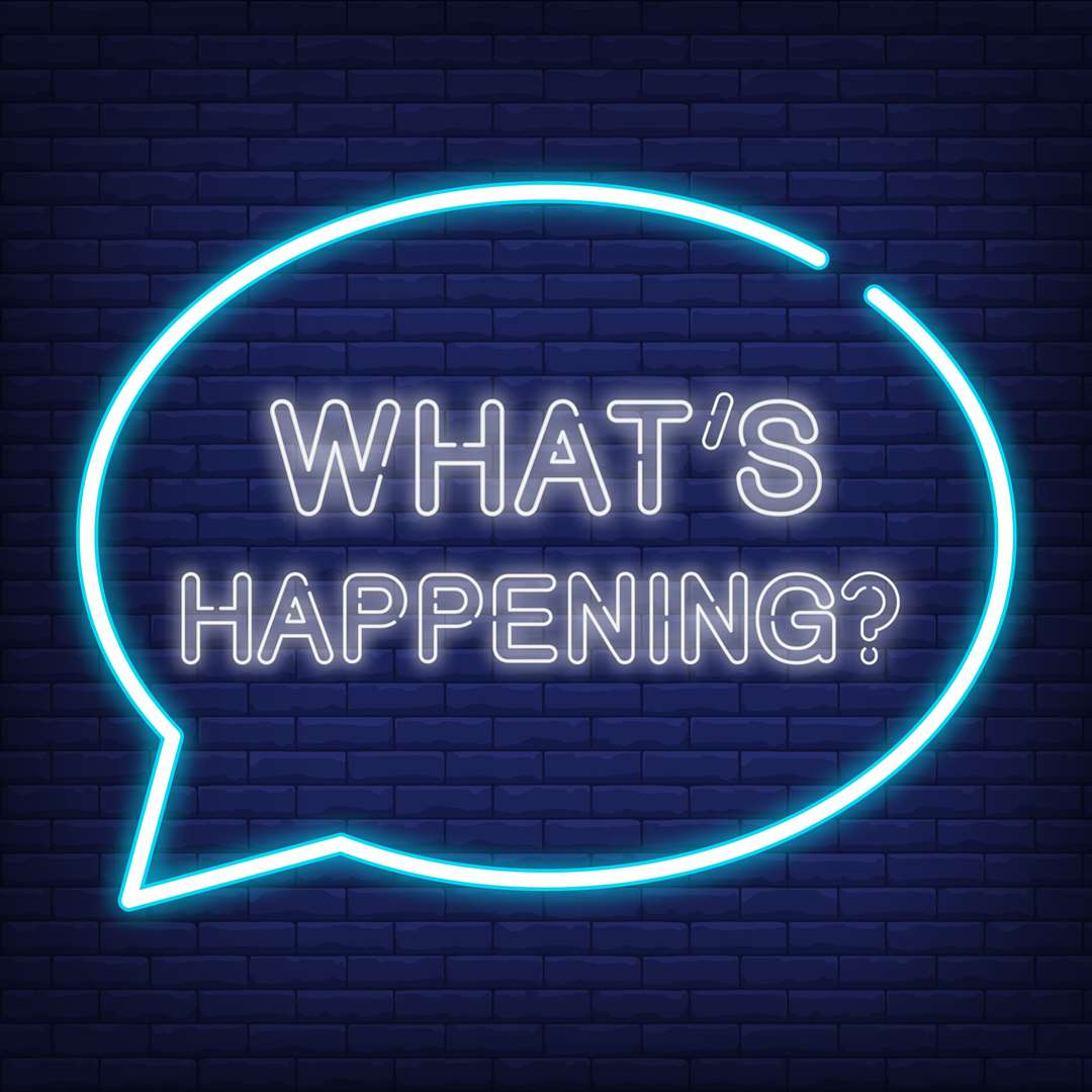 Whats happening neon sign. Speech bubble with text. News, newspaper, broadcast. Night bright advertisement. Vector illustration in neon style for communication, media, announcement