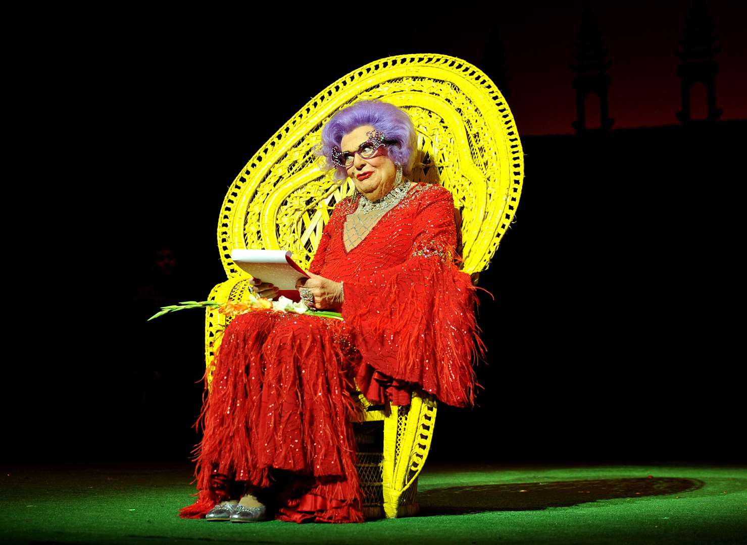 In character as Dame Edna Everage at the announcement of the Barry Humphries’ Farewell Tour in 2013 (PA)