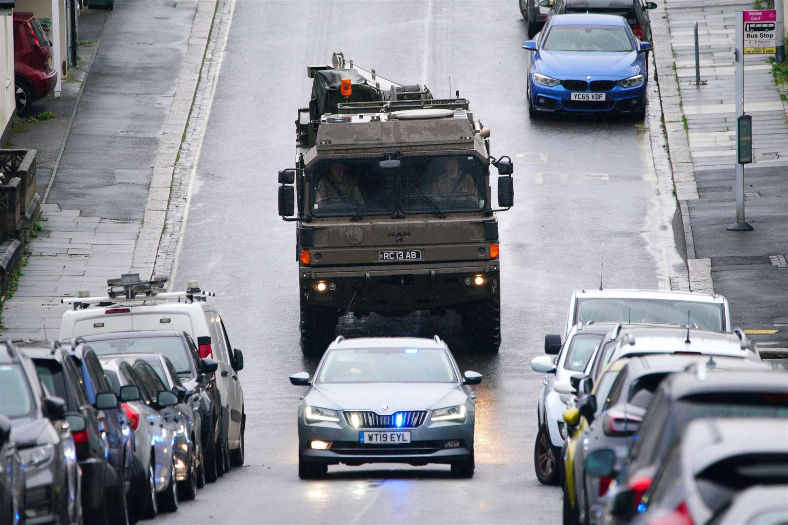 A military vehicle seen in Plymouth, where residents were evacuated and a cordon was put in place following the discovery of a WWII bomb (Ben Birchall/PA)