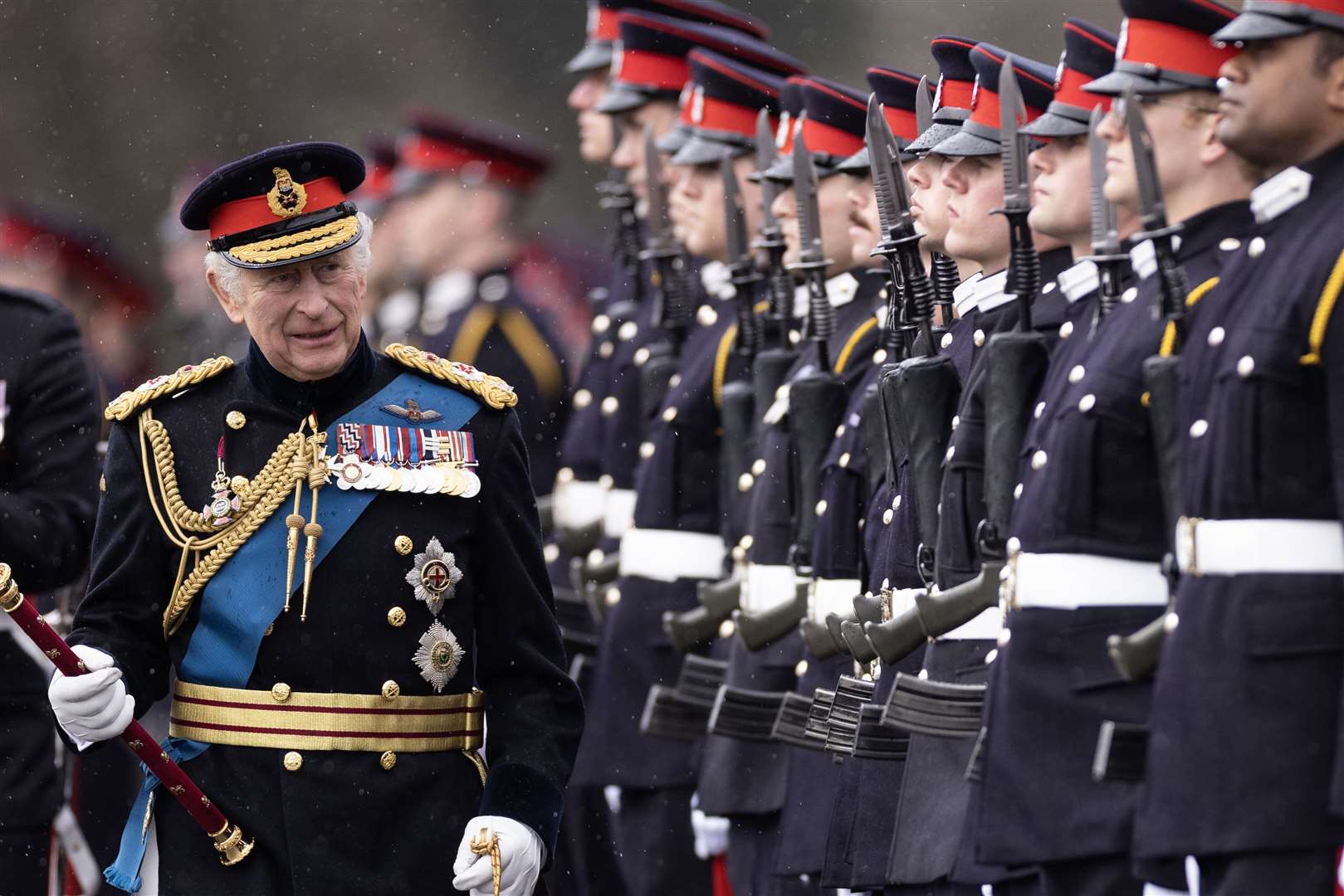The King inspects officer cadets on parade during the 200th Sovereign’s Parade at the Royal Military Academy Sandhurst in April (Dan Kitwood/PA)