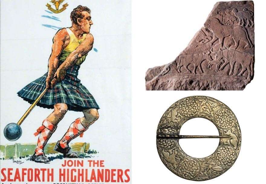 Museum artefacts (clockwise from left) a recruiting poster for the Seaforth Highlanders, the Calf Stone and the Cromdale Brooch. Pictures: Highlanders Museum/Tarbet Discovery Centre/Grantown Museum