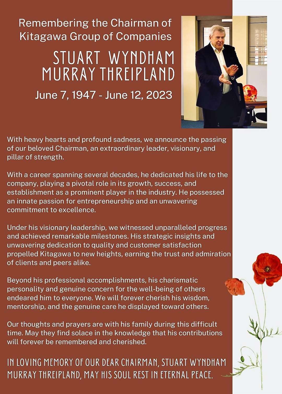 Tribute posted by the Kitagawa group of companies which Mr Murray Threipland chaired.
