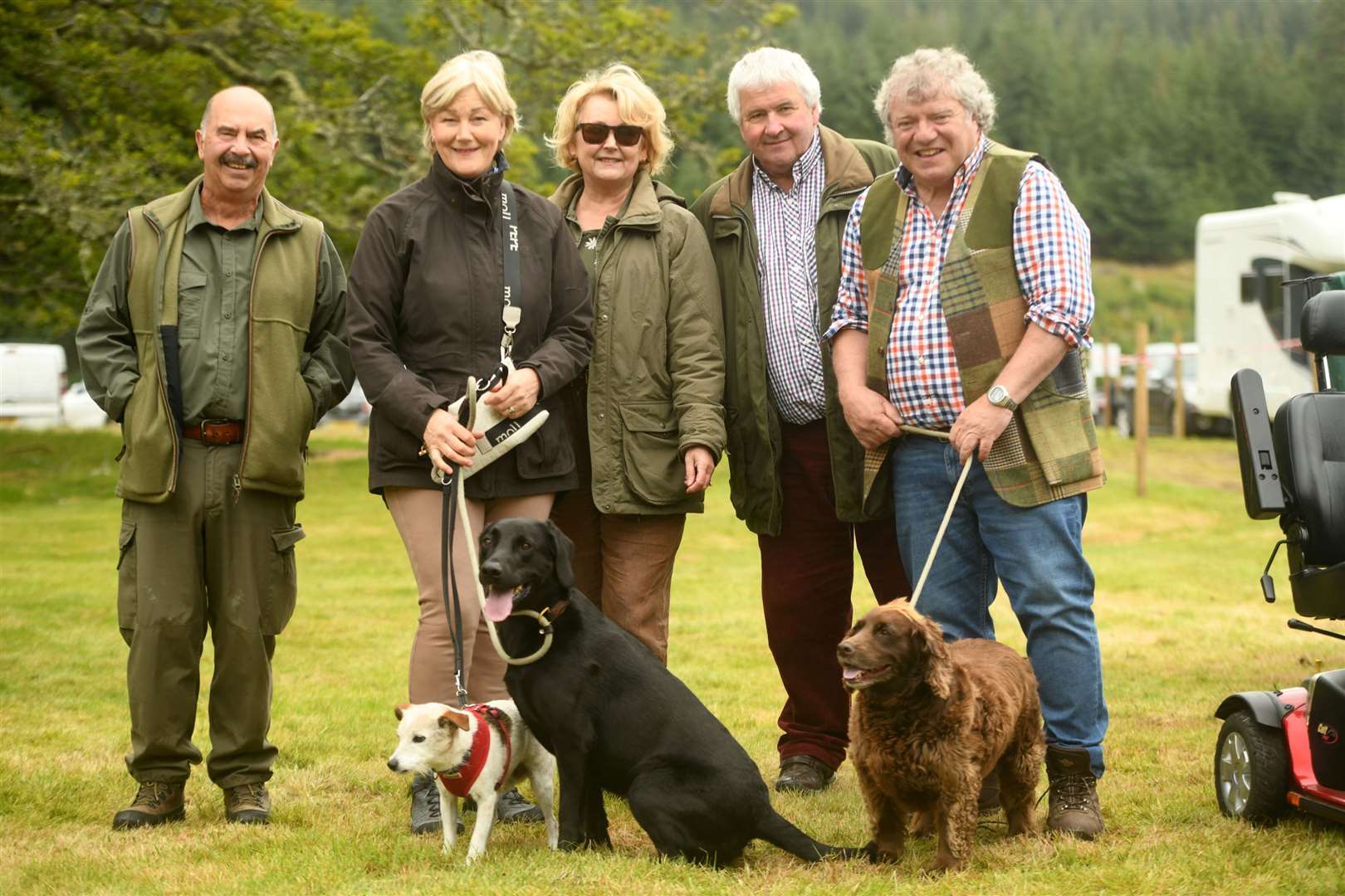 Dave Carson, Lucy Wilson, Pam Mackie, Leask Mackie and Drew Wilson with Scamp, Logie and Brett the dogs. Picture: James Mackenzie.
