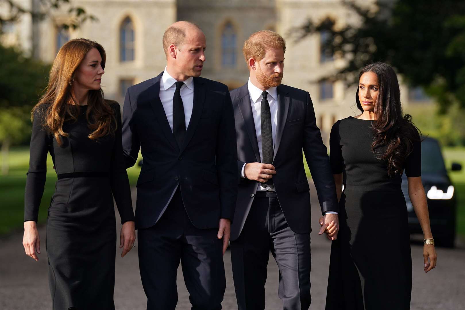 The Prince and Princess of Wales and the Duke and Duchess of Sussex arriving to view the messages and floral tributes left by members of the public at Windsor Castle in Berkshire (Chris Jackson/PA)