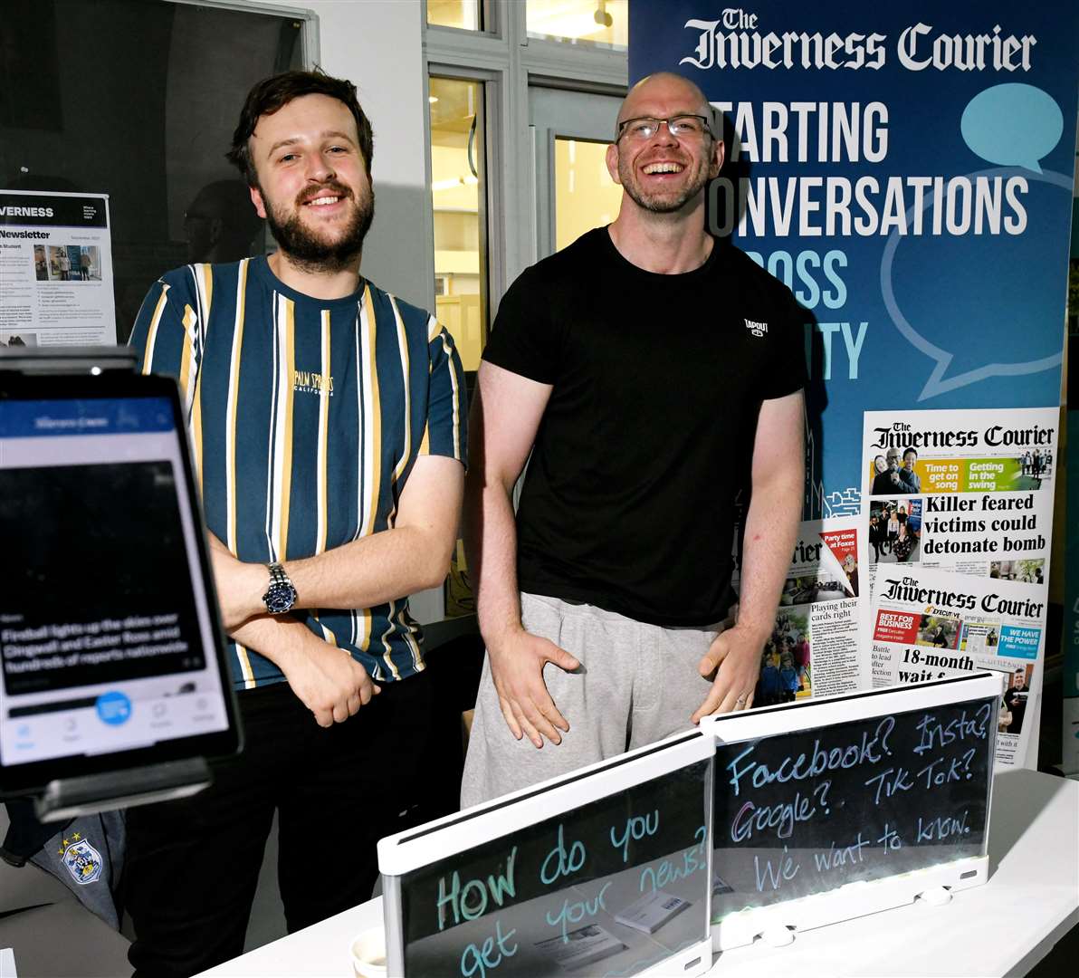 Craig McLean and Andy Dixon at The Inverness Courier's stand. Picture: James Mackenzie.