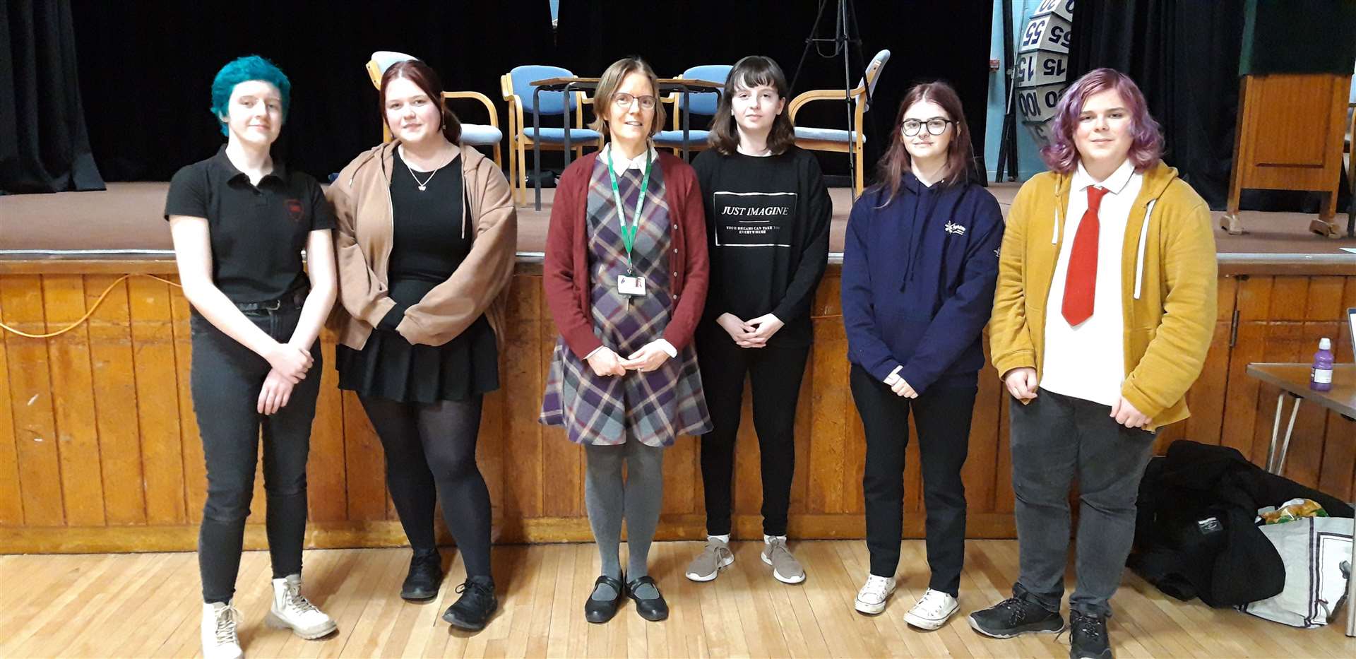Teacher Naomi Allison, third left, with her S6 Creative Industries class, from left, Ally Ogelsby, Charlotte Bellis, Kim Bachtle, Layla Kingston and Daniel Gullick.