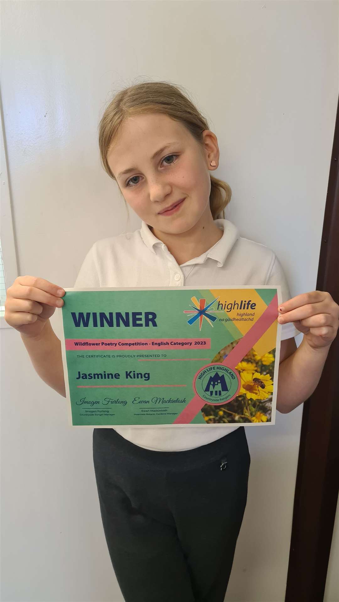 Jasmine King, from Morar, was the overall winner in the English language category.