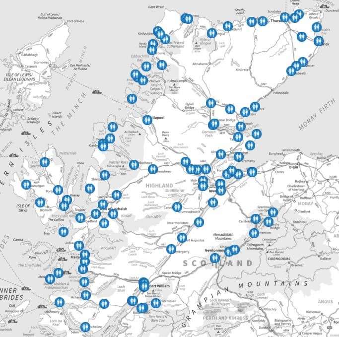 A map of existing public toilet and comfort scheme sites across the Highland Council area.