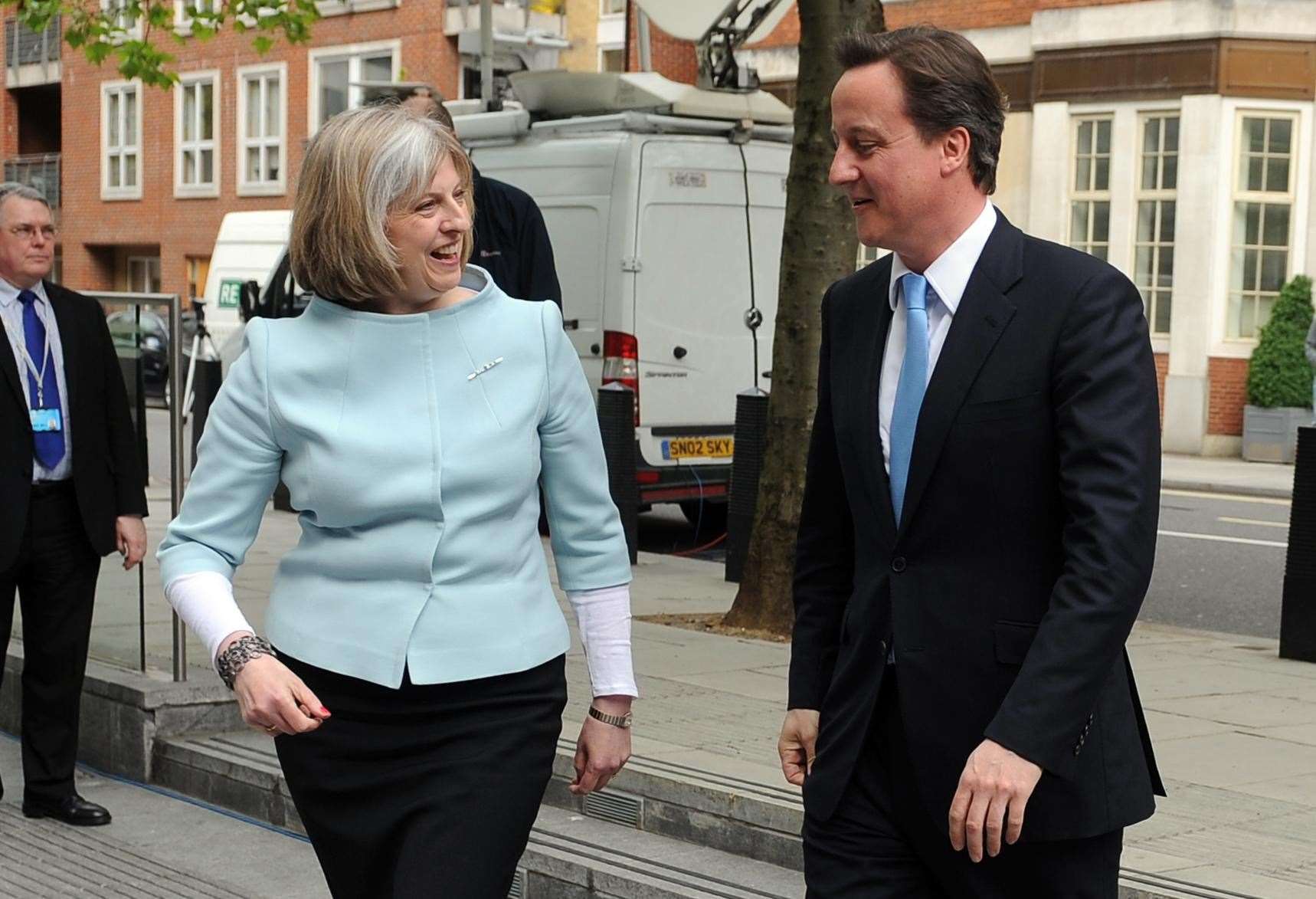 Home secretary Theresa May welcomes new prime minister David Cameron to the Home Office (Anthony Devlin/PA)