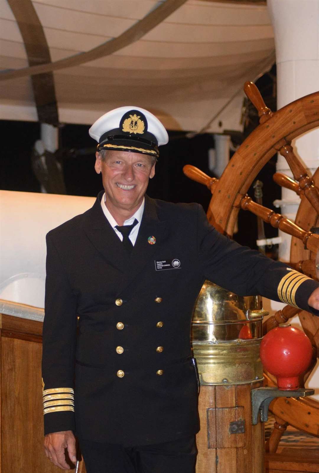 Captain Marcus Seidl on his return from a crew dinner in honour of Princess Anne. Picture: Molly Burnett.