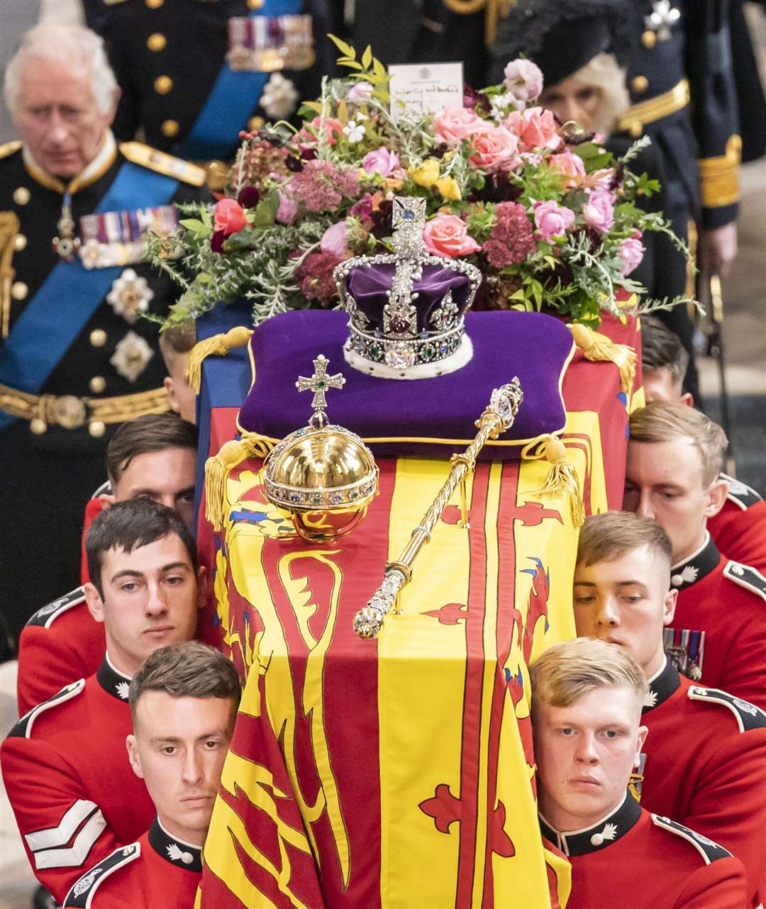 Charles and members of the royal family following behind the coffin of Queen Elizabeth II, as it is carried out of Westminster Abbey (Danny Lawson/PA)