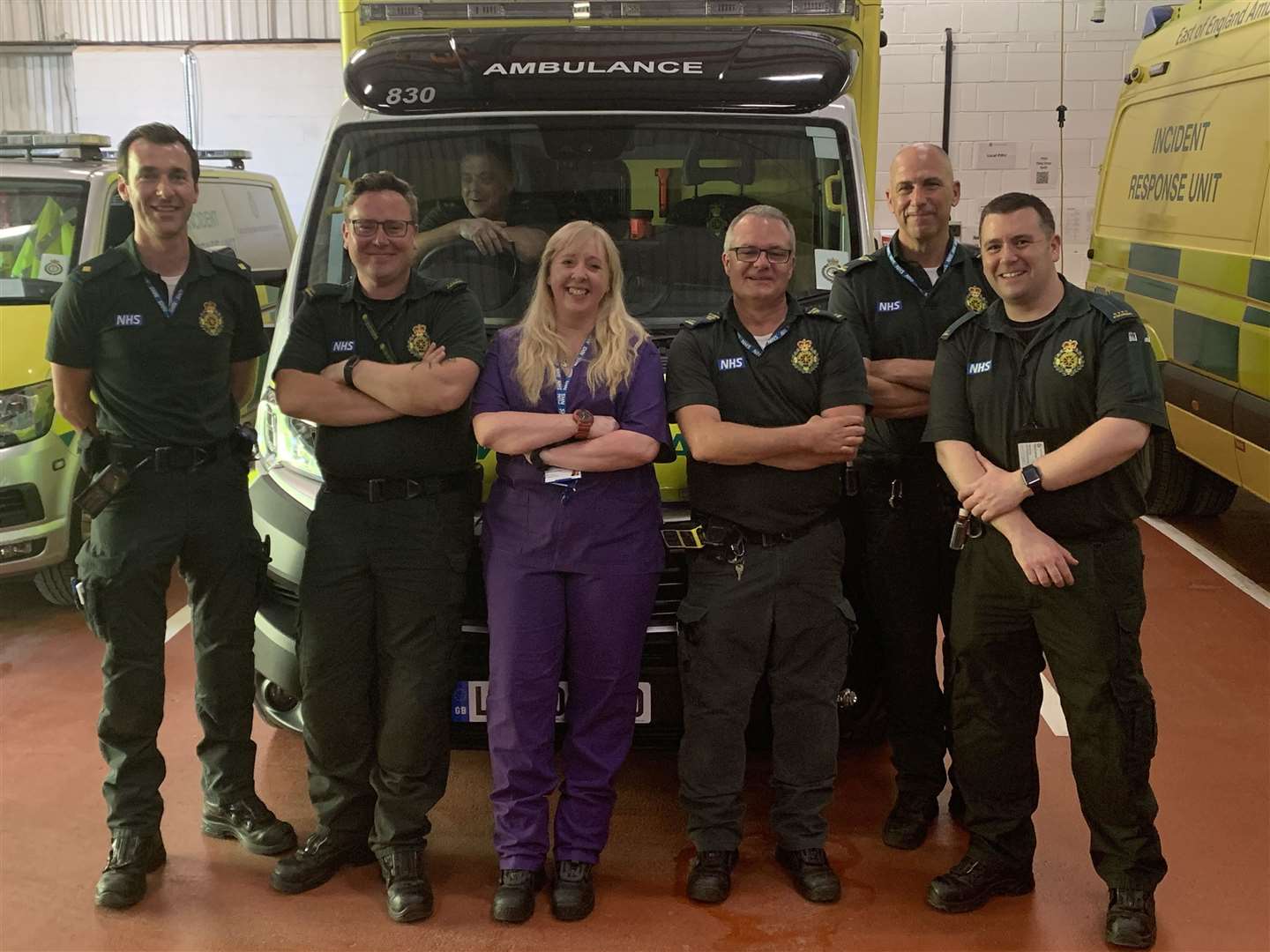Anne-Louise Muir, a Dornoch native now working near Cambridge, with other members of her paramedic team, all of whom have been supplied with scrubs by a team of local sewers.