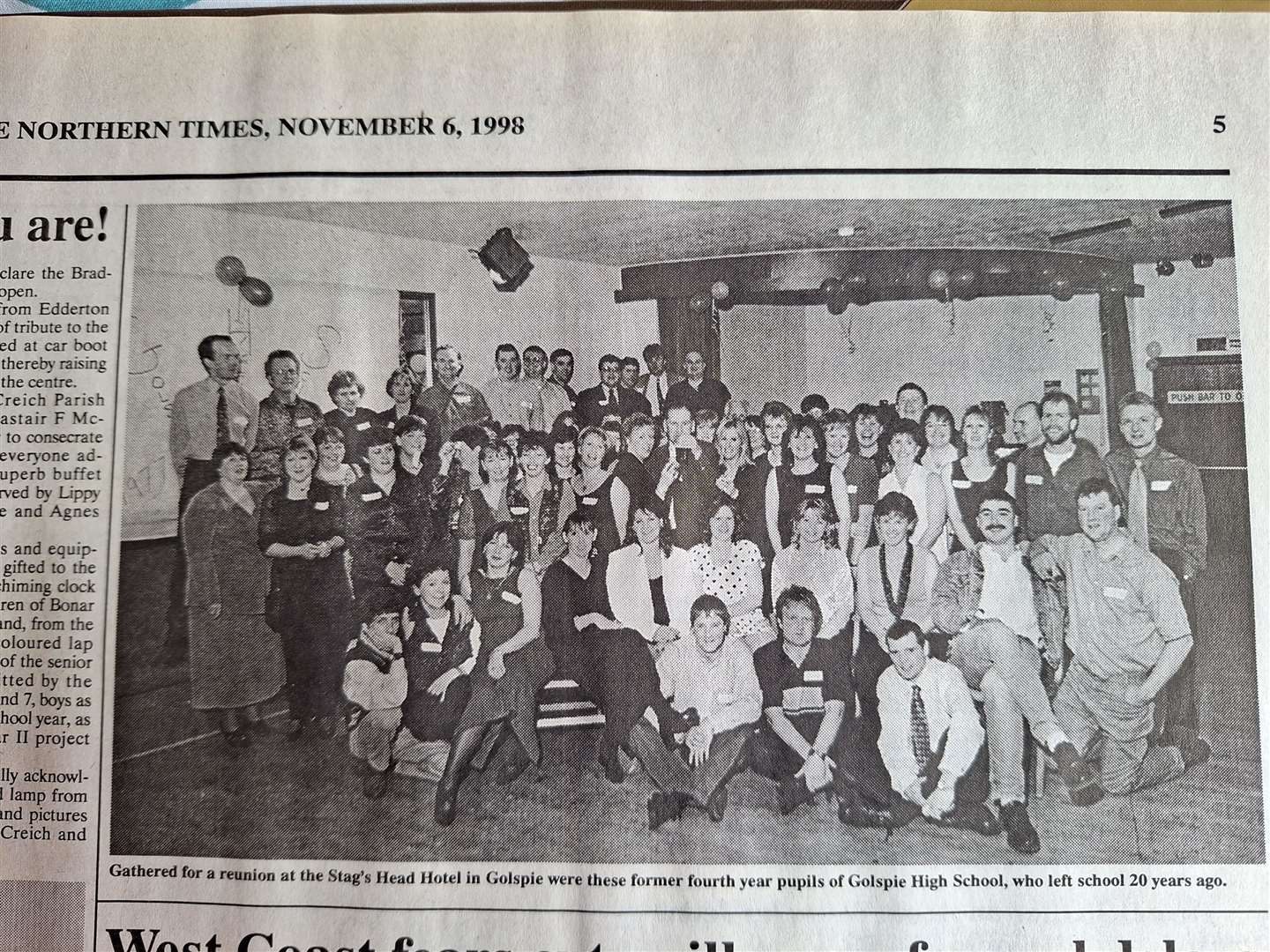 From the edition of November 6, 1998. The caption reads: "Gathered for a reunion at the Stag's Head Hotel in Golspie were these former fourth year pupils of Golspie High School, who left school 20 years ago."