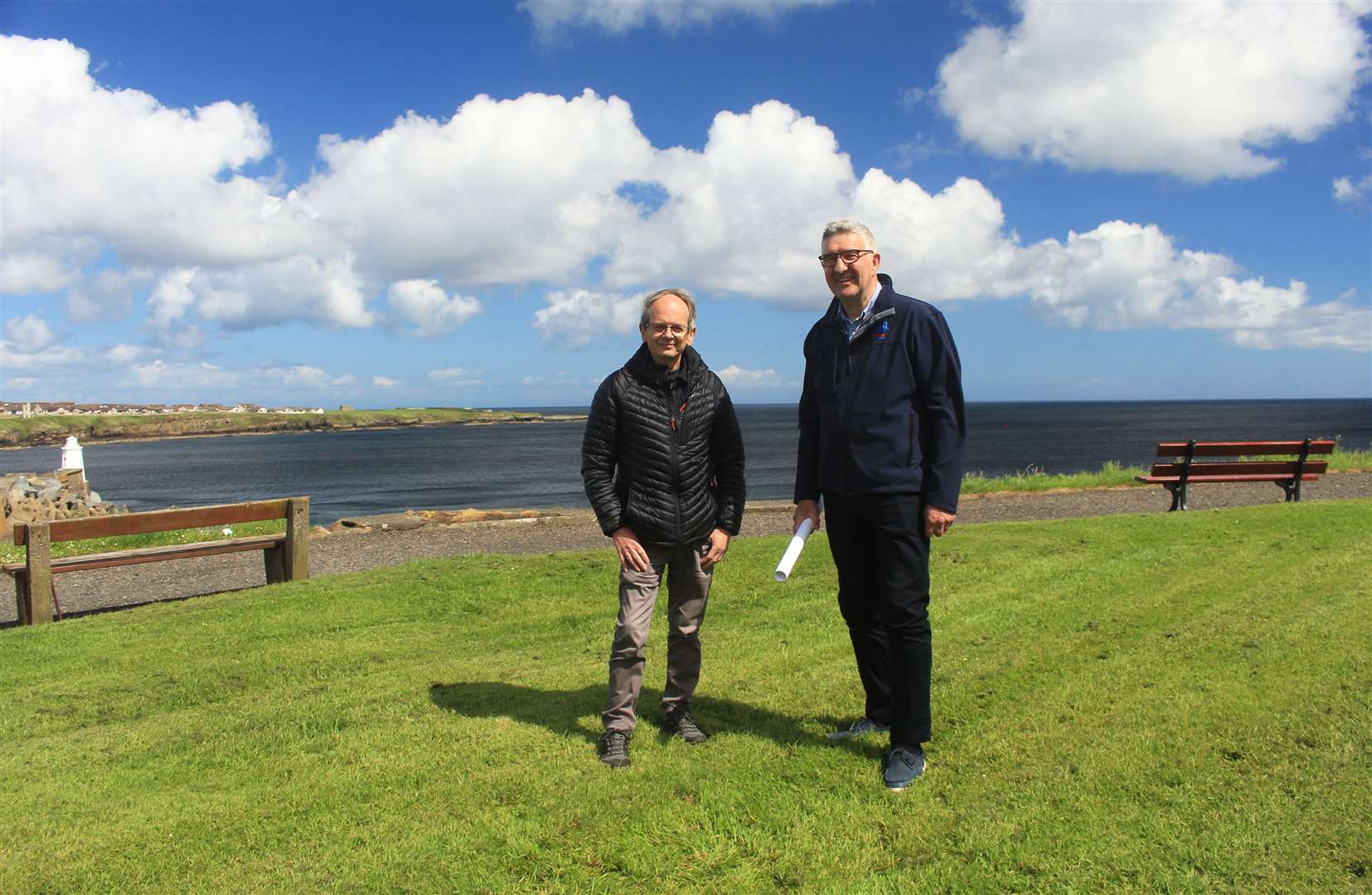 John Bogle (left) and Willie Watt of the Seafarers Memorial Group at the site chosen for the sculpture at the Braehead. Picture: Alan Hendry