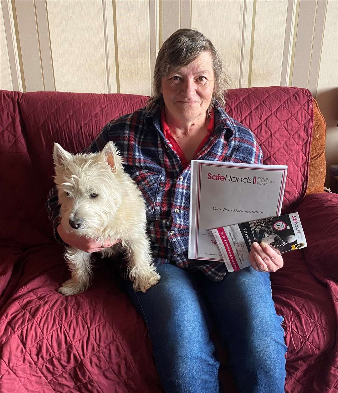 Sylvia Sutherland with her Westie Cara and her partner's Safe Hands funeral plan.