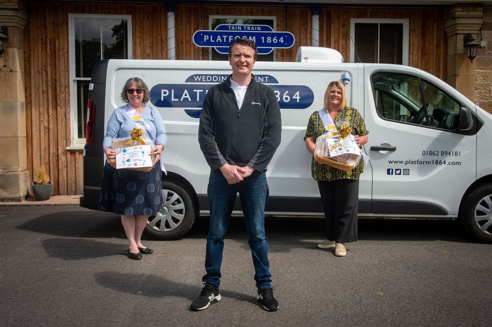 Platform 1864 owner Graham Rooney setting off to deliver 24 afternoon teas in hampers to carers on the Black Isle, Ross-shire, Inverness and Nairn on behalf of Befrienders Highland to mark Carers Week. Graham is pictured with Befrienders Highland volunteers Susan White (left) and Carol Summers .Picture:Callum Mackay