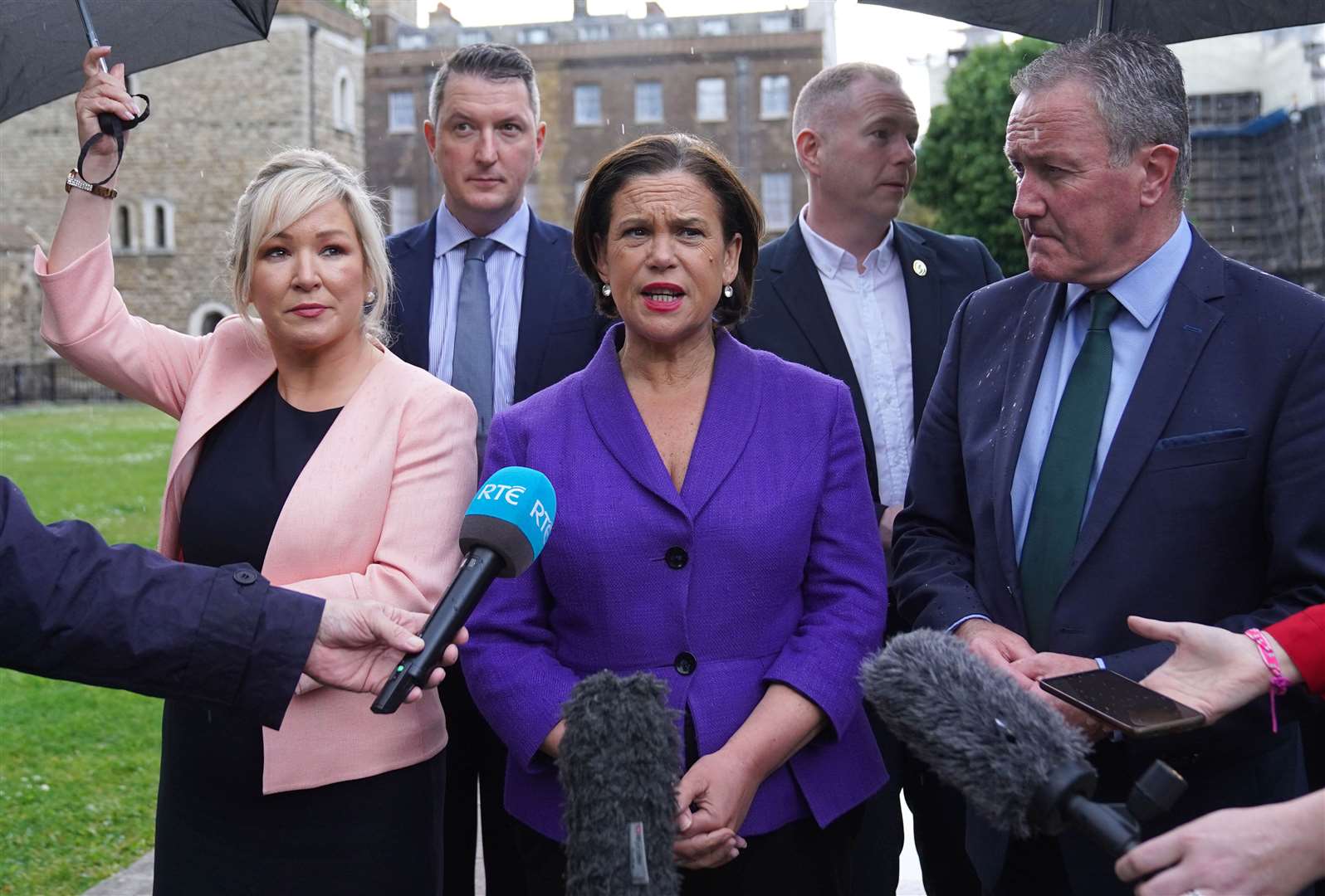 Sinn Fein’s Michelle O’Neill, Mary Lou McDonald and Conor Murphy outside the Palace of Westminster (Stefan Rousseau/PA)