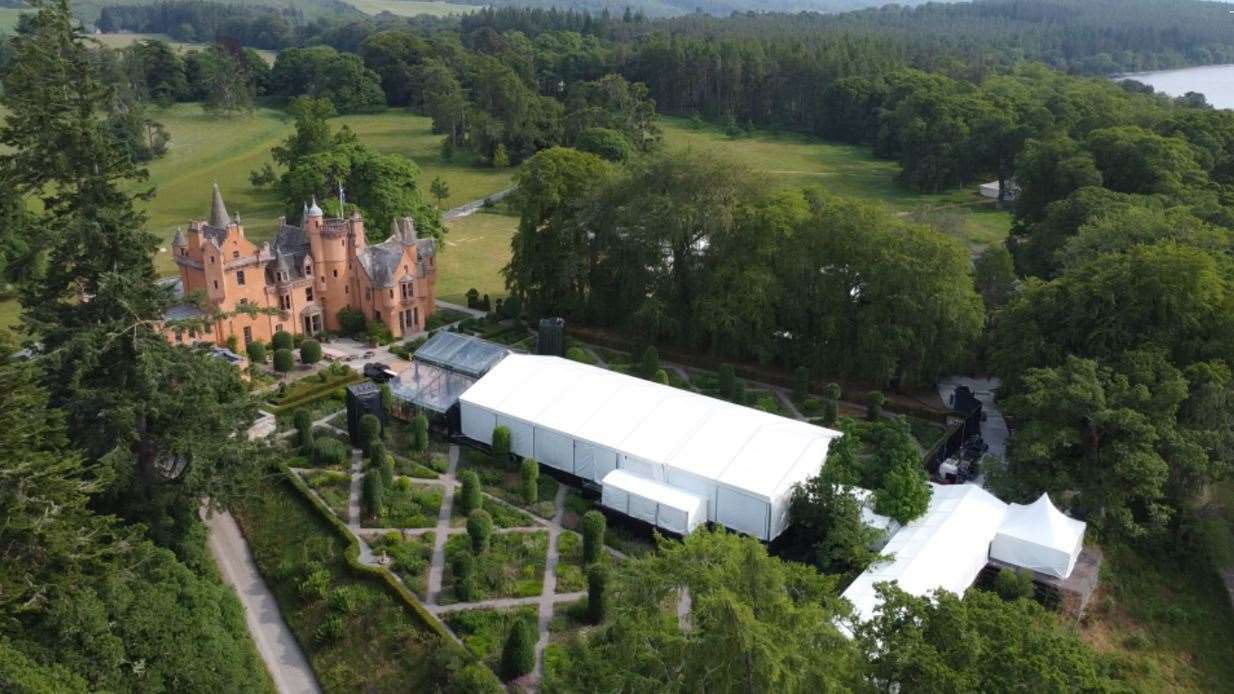 An aerial shot of Aldourie Castle and the marquee reportedly set up for the party.