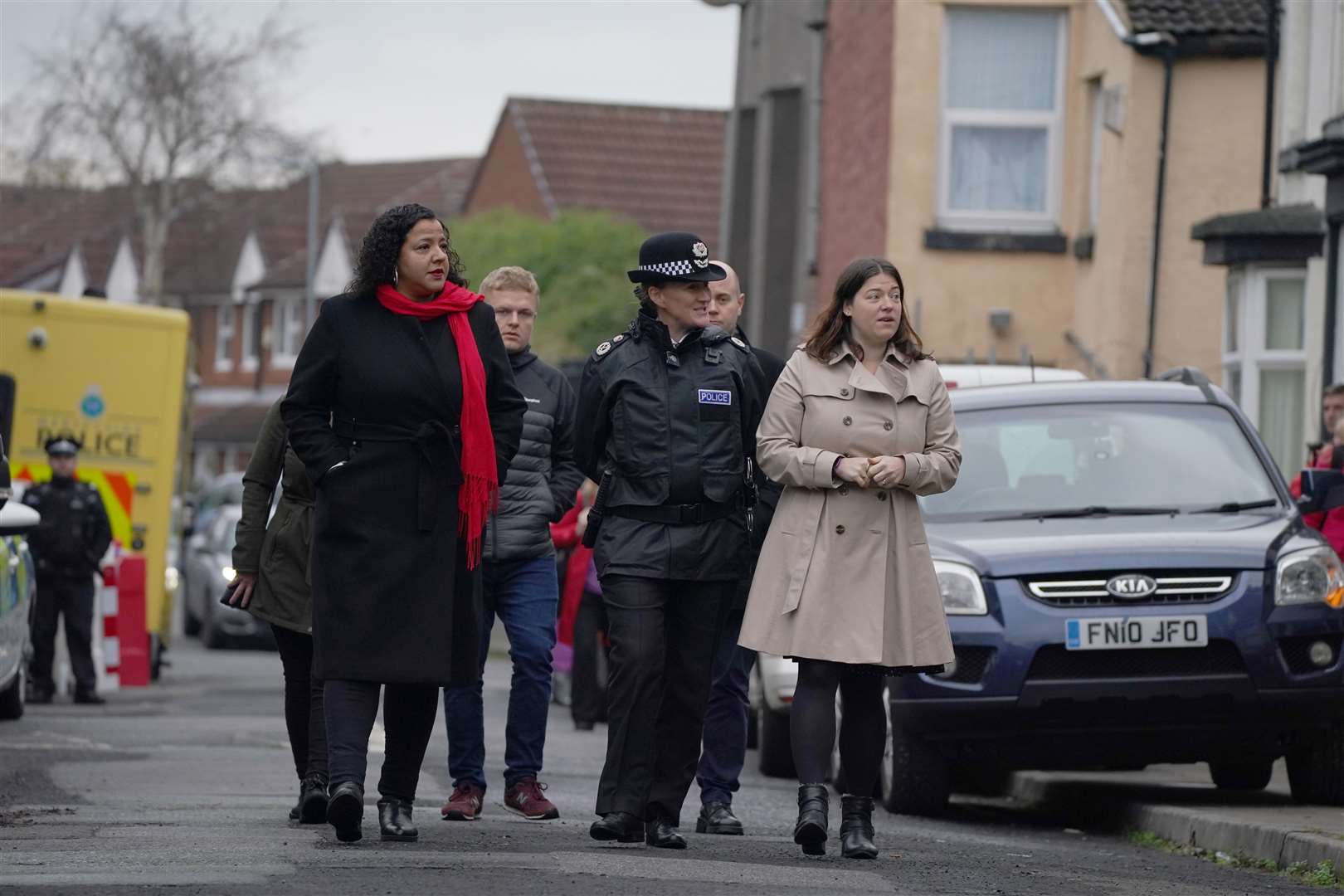 Joanna Anderson, Mayor of Liverpool, Merseyside Police Chief Constable Serena Kennedy and Merseyside’s Police and Crime Commissioner Emily Spurrell on a walkabout in Liverpool (Peter Byrne/PA)