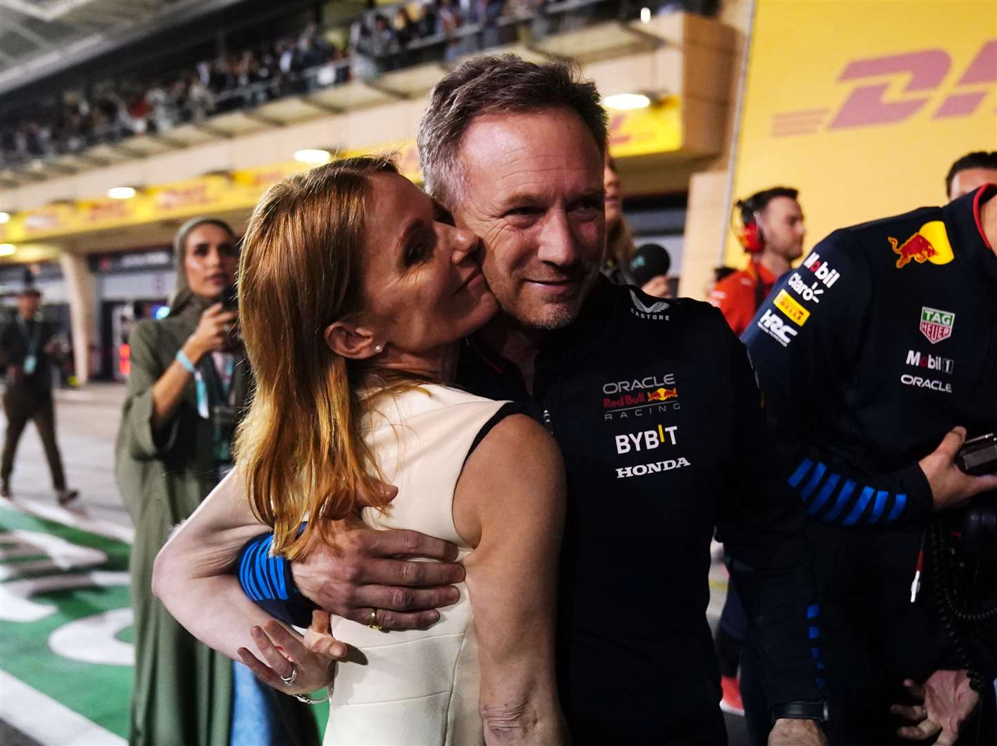Christian and Geri Horner after Red Bull Racing’s Max Verstappen won the Bahrain Grand Prix (David Davies/PA)